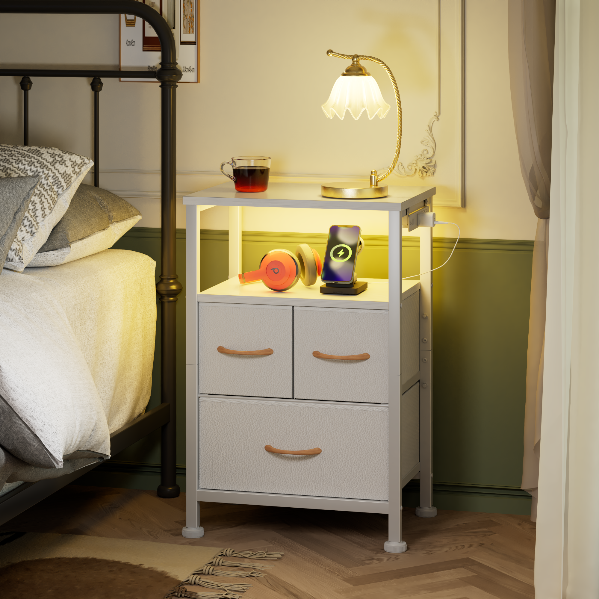 Furnulem LED Nightstand with Charging Station and 3 Storage Drawer