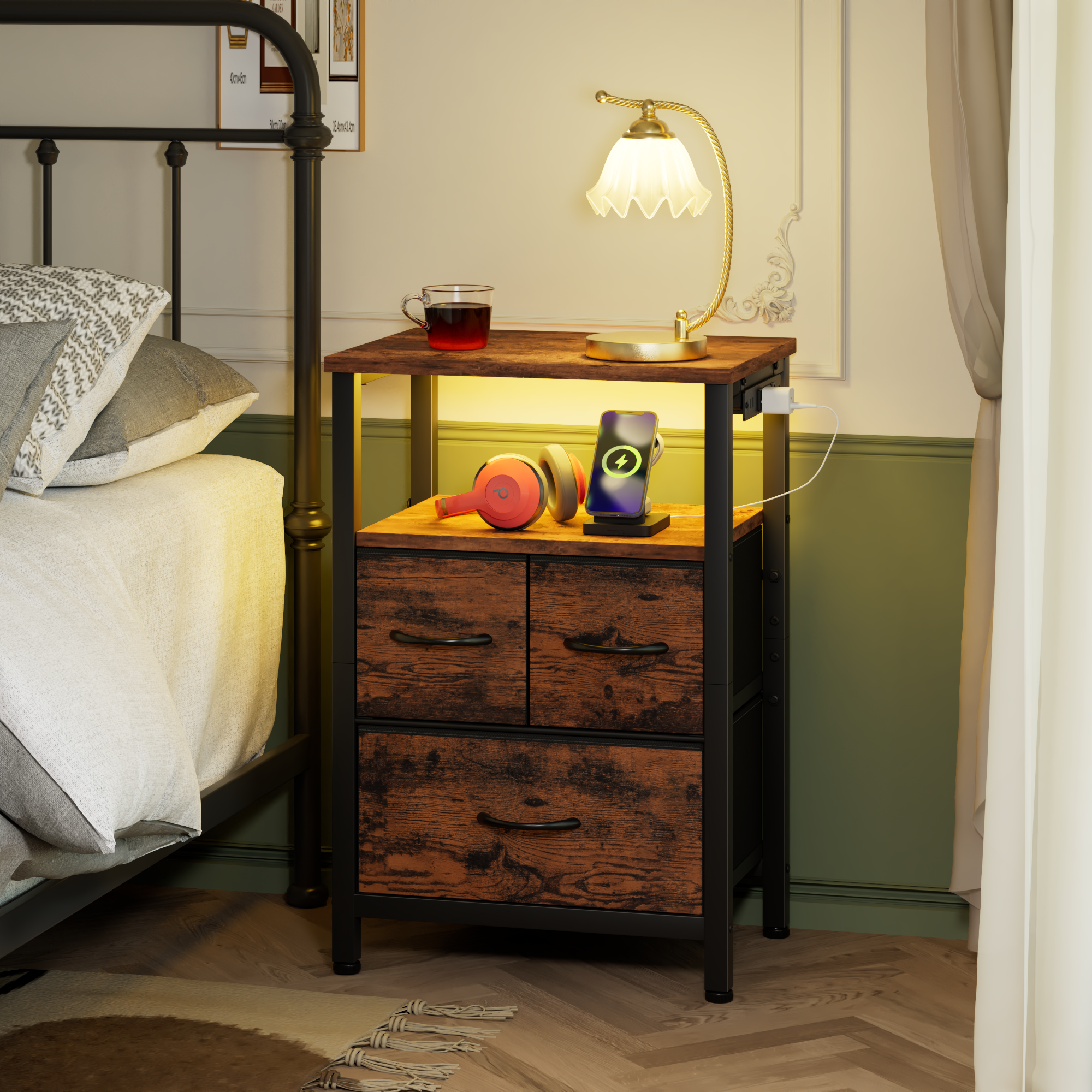 Furnulem LED Nightstand with Charging Station and 3 Storage Drawer