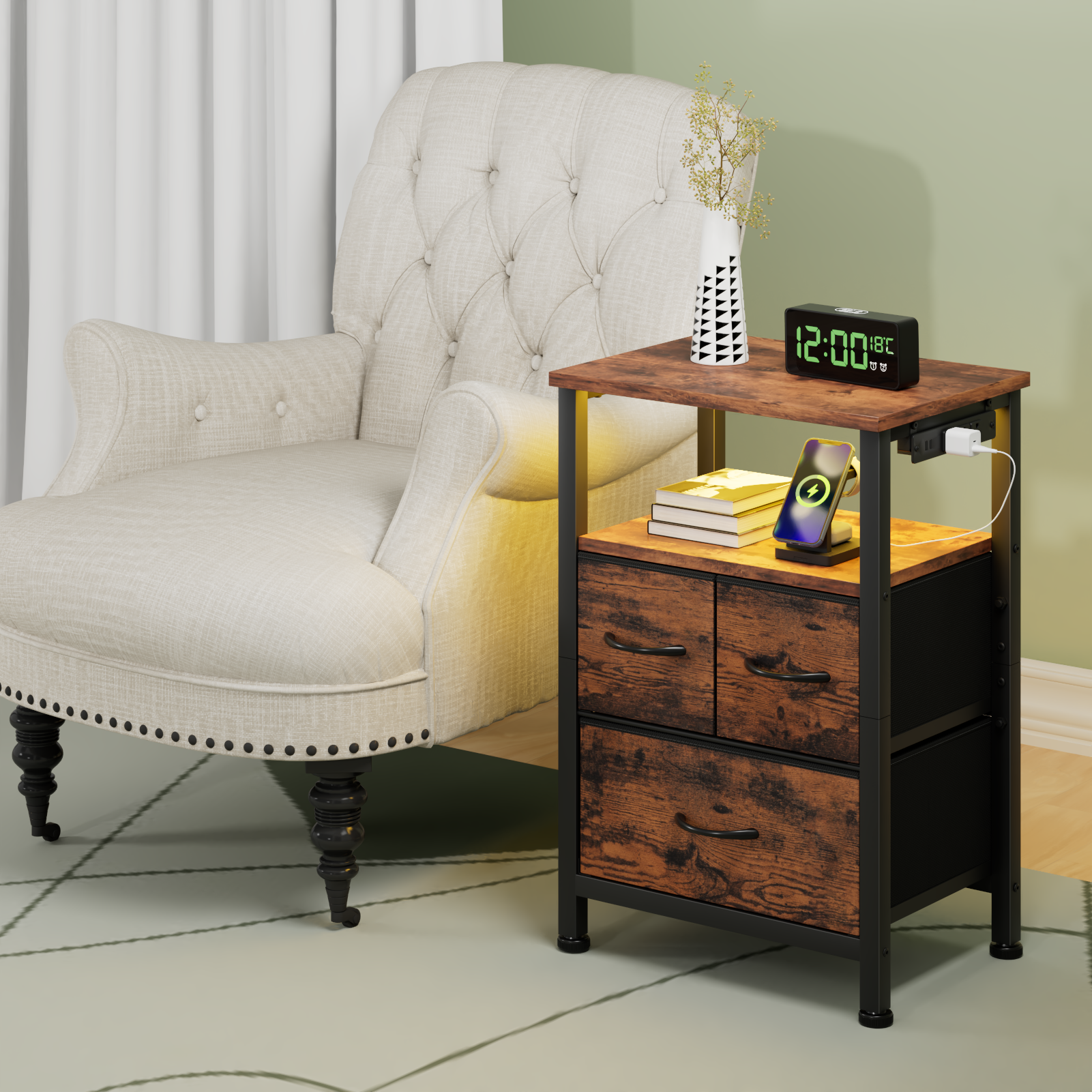 Furnulem LED Nightstand with Charging Station and 3 Storage Drawer