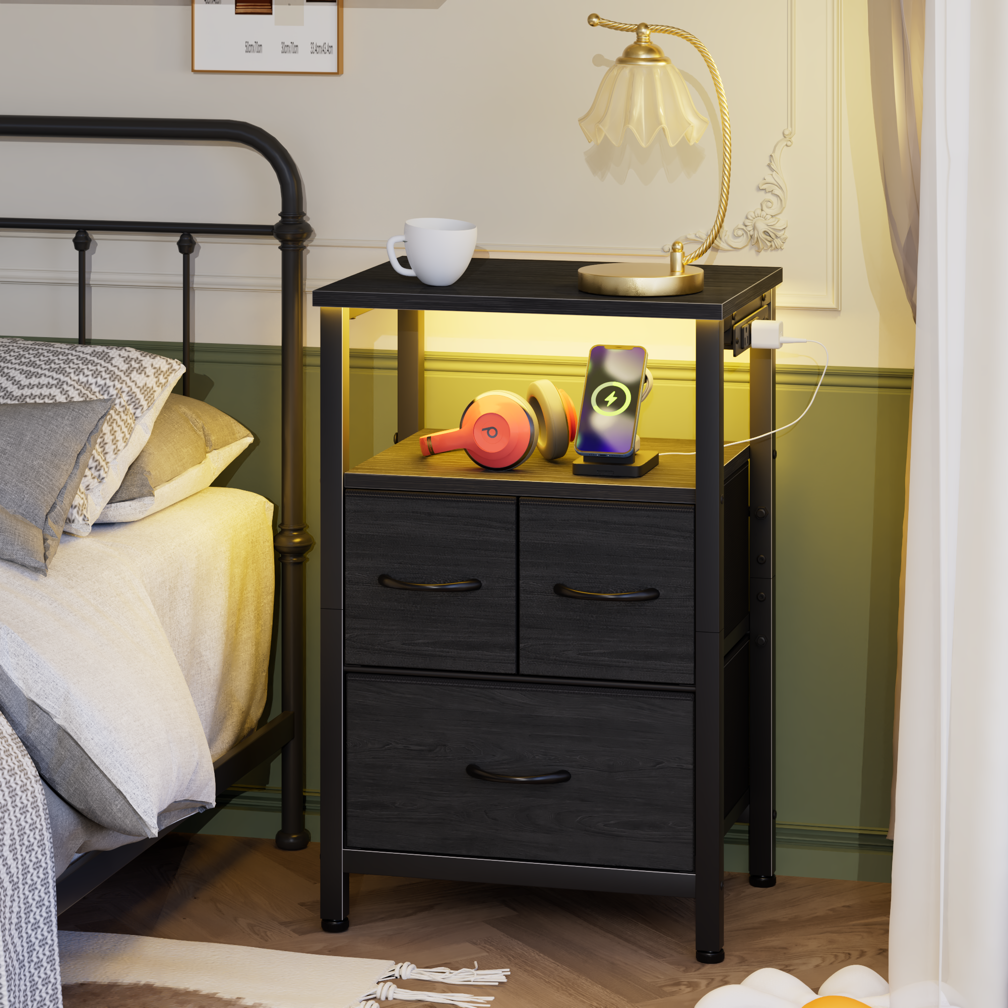 Furnulem LED Nightstand with Charging Station and 3 Storage Drawer