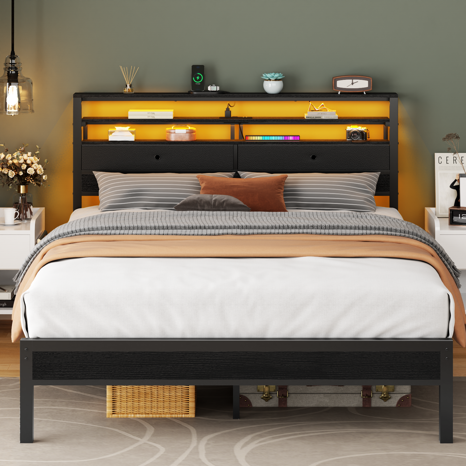 Furnulem Queen Bed Frame with Headboard  2 Fabric Drawers Bed Frame  Featuring LED Lights Built-in Charging Station  Storage  No Box Spring Needed