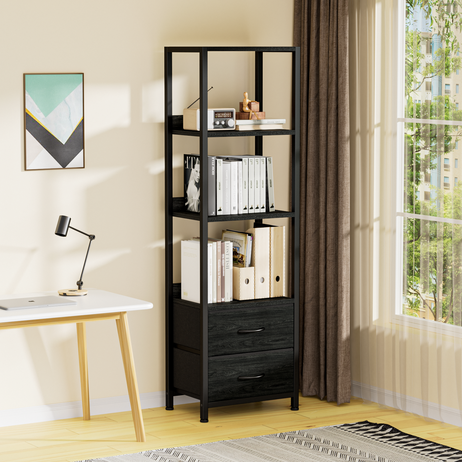 Furnulem Multi-Tier Bookshelf with 2 Drawers