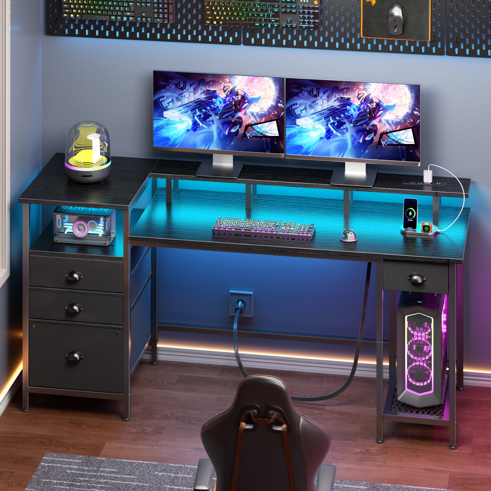 60 Inch Computer Desk with Charging Station LED Lights 4 Drawers Black Gaming Desk Printer Shelf Storage Home Office Work Table Fabric File Cabinet
