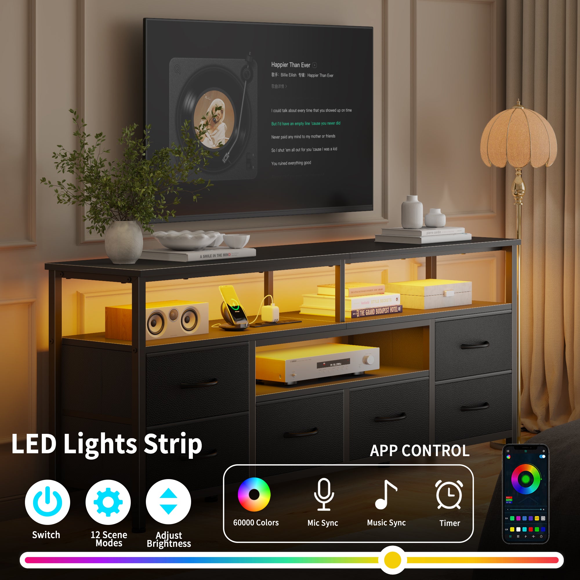 Qwatto 55 Inch Black TV Stand Dresser with Charging Station LED Lights 6 Fabric Drawers Entertainment Center for TVs up to 60 Inch Media Console