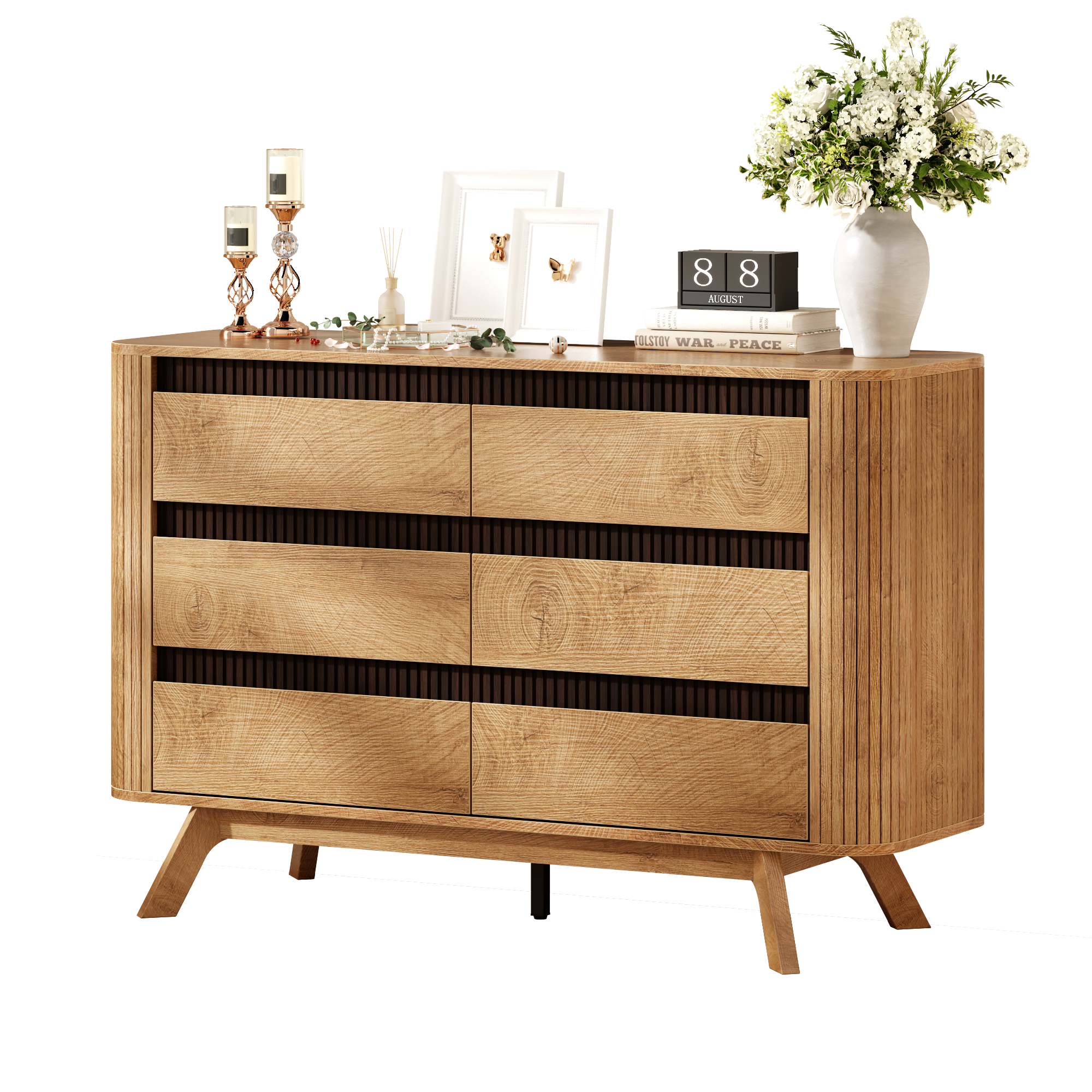 Qwatto 6 Drawer Dresser for Bedroom 47.2" Wide Fluted Chest of Drawers Modern Curved Design Clothes Storage Organizer Hallway Room Natural Oak Finish