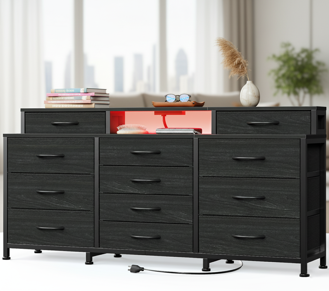 Wide Black 12 Drawer Dresser with Power Outlets LED Lights Large Fabric Storage Chest of Drawers Shelves Bedroom Furniture Organizer Unit
