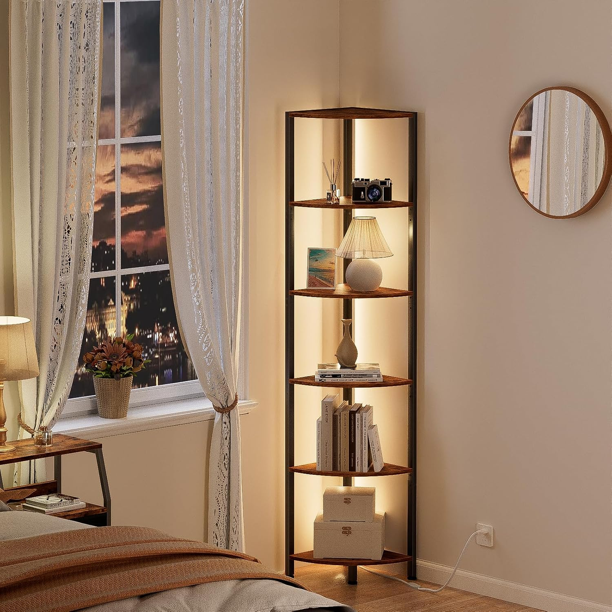 6 Tier Corner Shelf with LED Light, 67.5" Corner Narrow Bookshelf