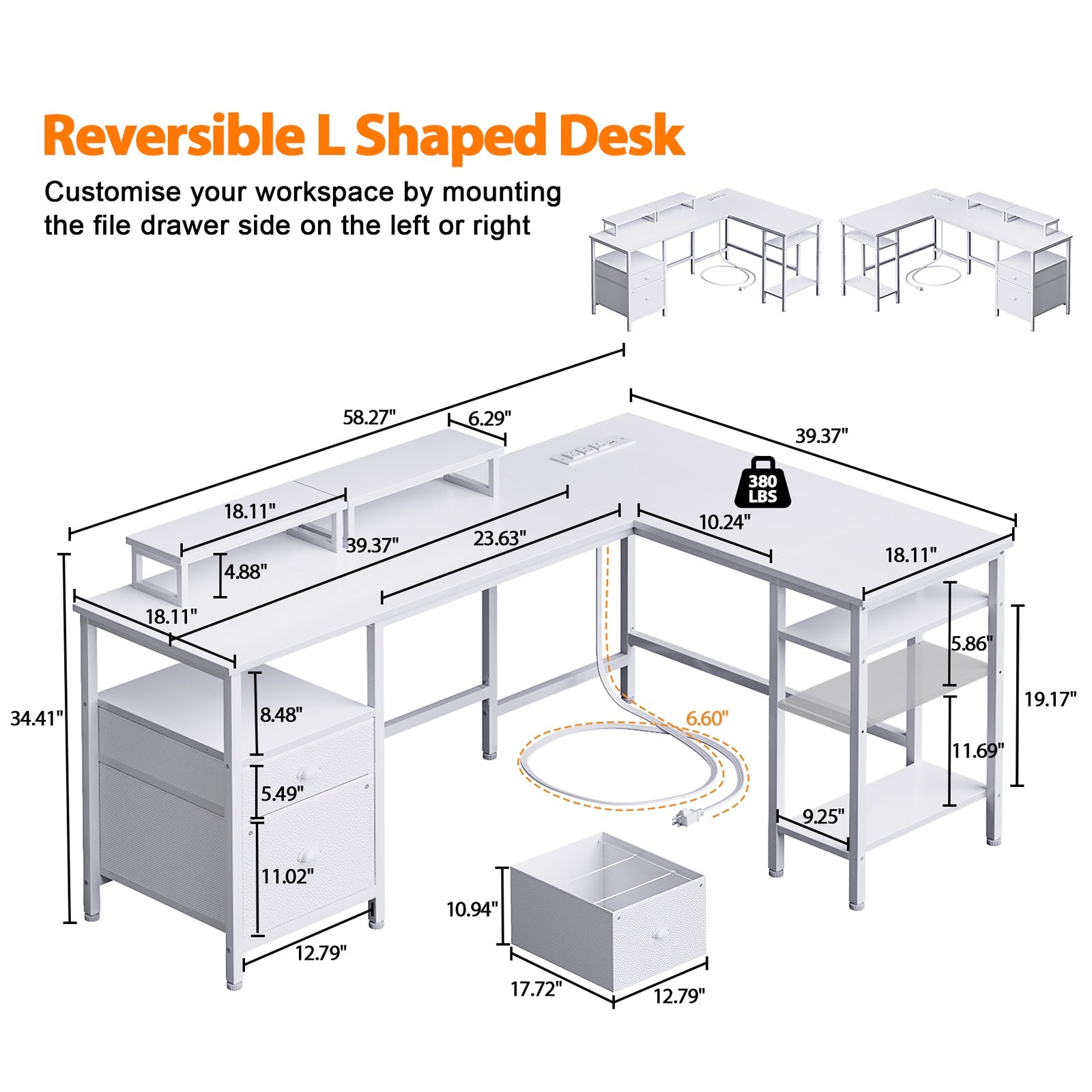 Furnulem 59 inch and 66 inch L-Shaped Metal Base Computer Desk with Power Outlet, Computer Desk with Monitor Stand & Charging Station