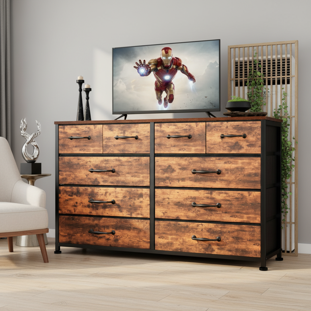 Dresser for Bedroom with 10 Fabric Dresser TV Stand for 40-45-50 inch Tv Dressers Chest of Drawers for Living Room Hallway Entryway Metal Frame  Brown