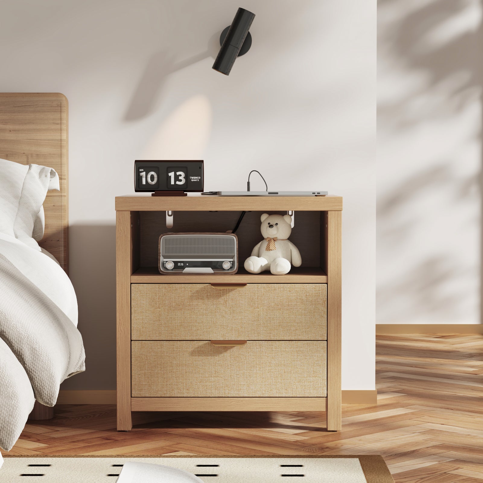 Natural Oak Wood Nightstand with Charging Station 2 Drawers Storage Shelf Bedside Table Modern Farmhouse End Table USB Ports Bedroom