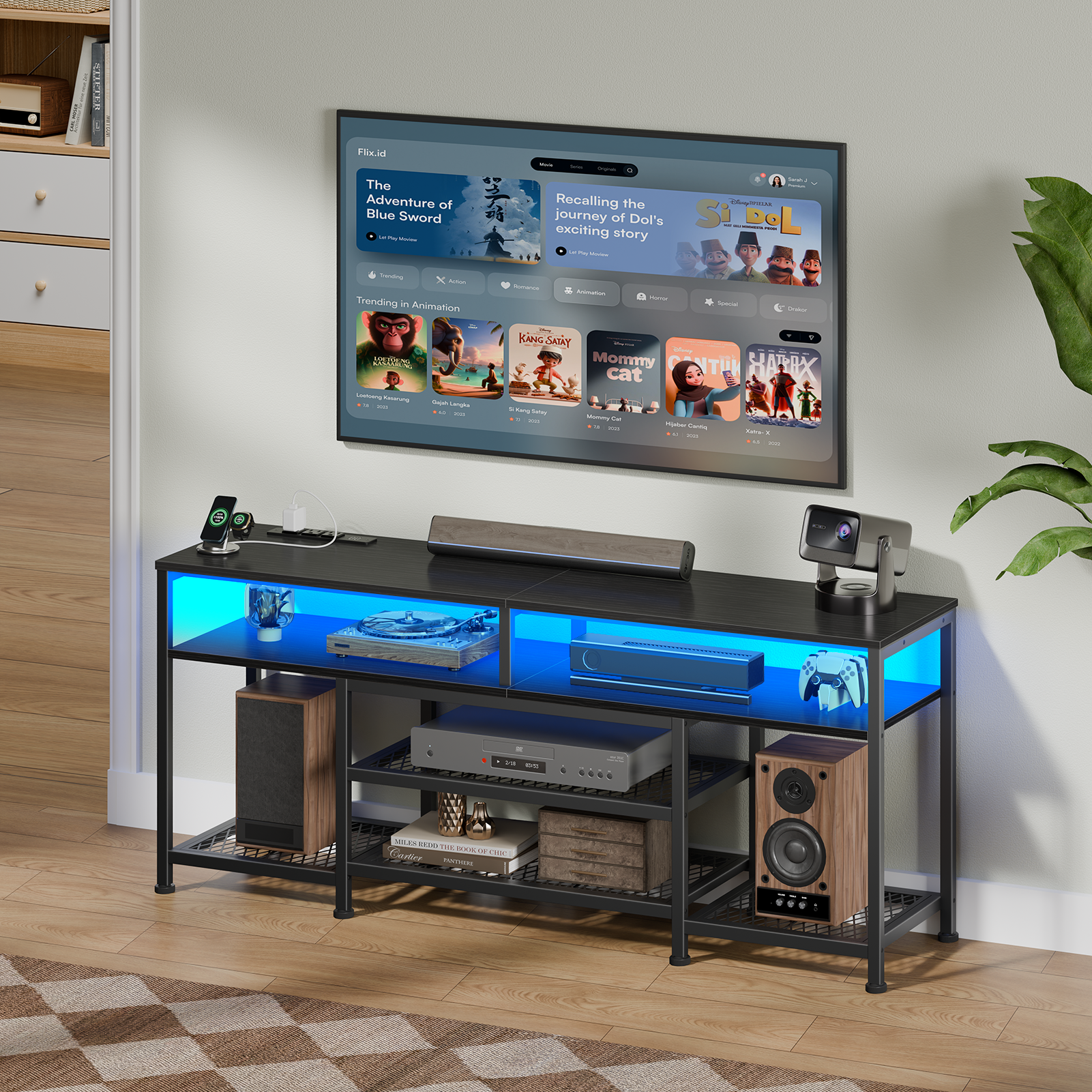 55 Inch Black TV Stand with Charging Station LED Lights Entertainment Center for TVs up to 60 Inch Media Console Storage Shelves Living Room Bedroom