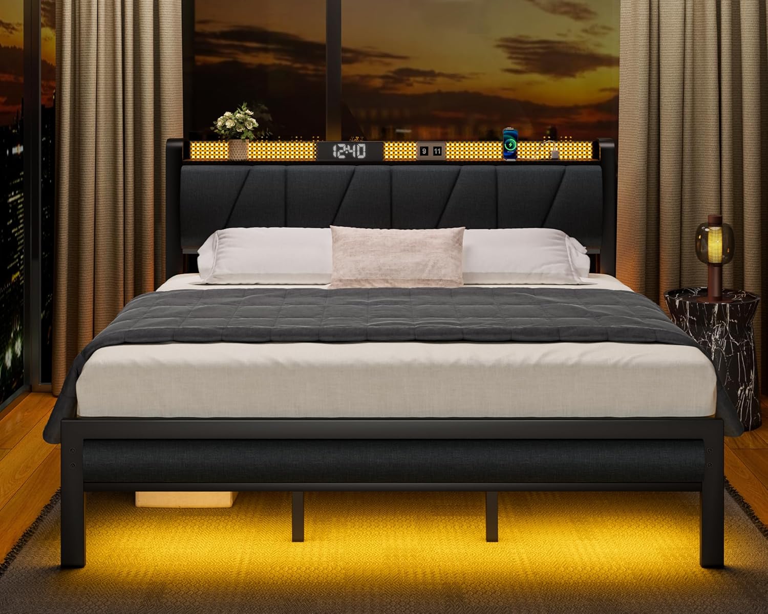 Furnulem King Bed Frame with Headboard and LED Light Upholstered Platform with Power Outlet and USB Port Bed with Metal Support and Footboard