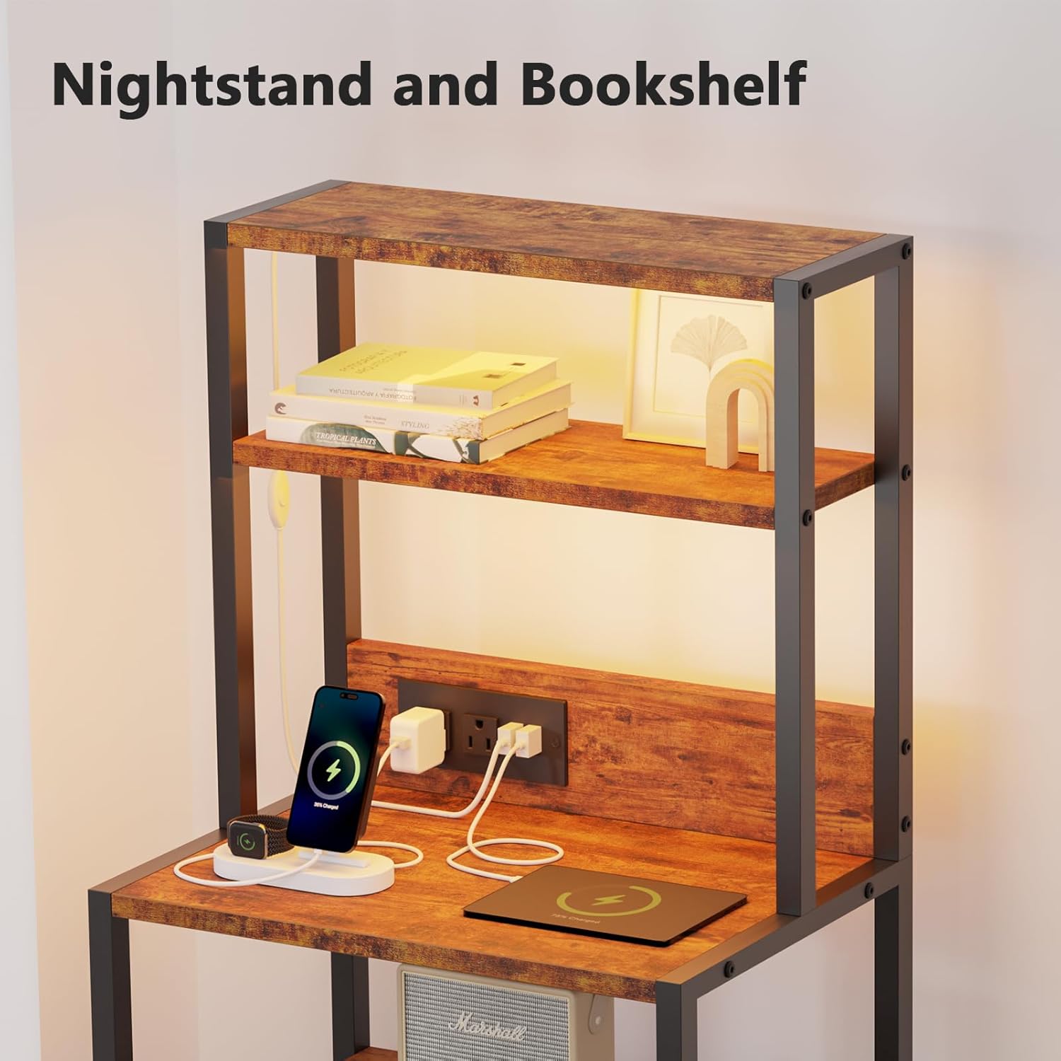 Furnulem Nightstands Set of 2, Tall Night Stand Set with Charger Station, 2 Fabric Drawers and Light Tube, Bedside End Table with 4-Tier Shelves, Bed Side Tables for Bedroom, Office, Rustic Brown