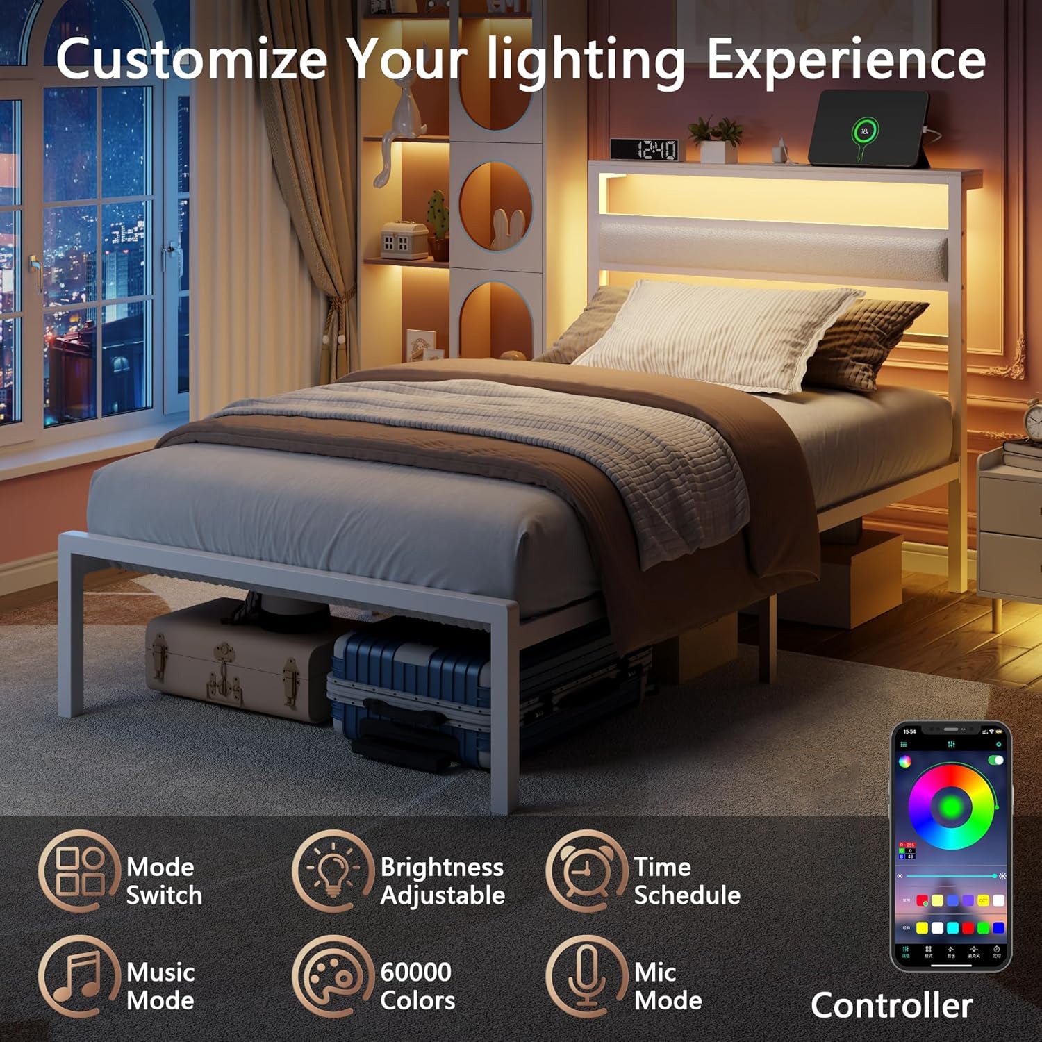 Qwatto Twin Size Bed Frame Kids White Leather Upholstered Bed LED Lights Charging Station Storage Headboard Metal Platform Bed Frames No Box Springs