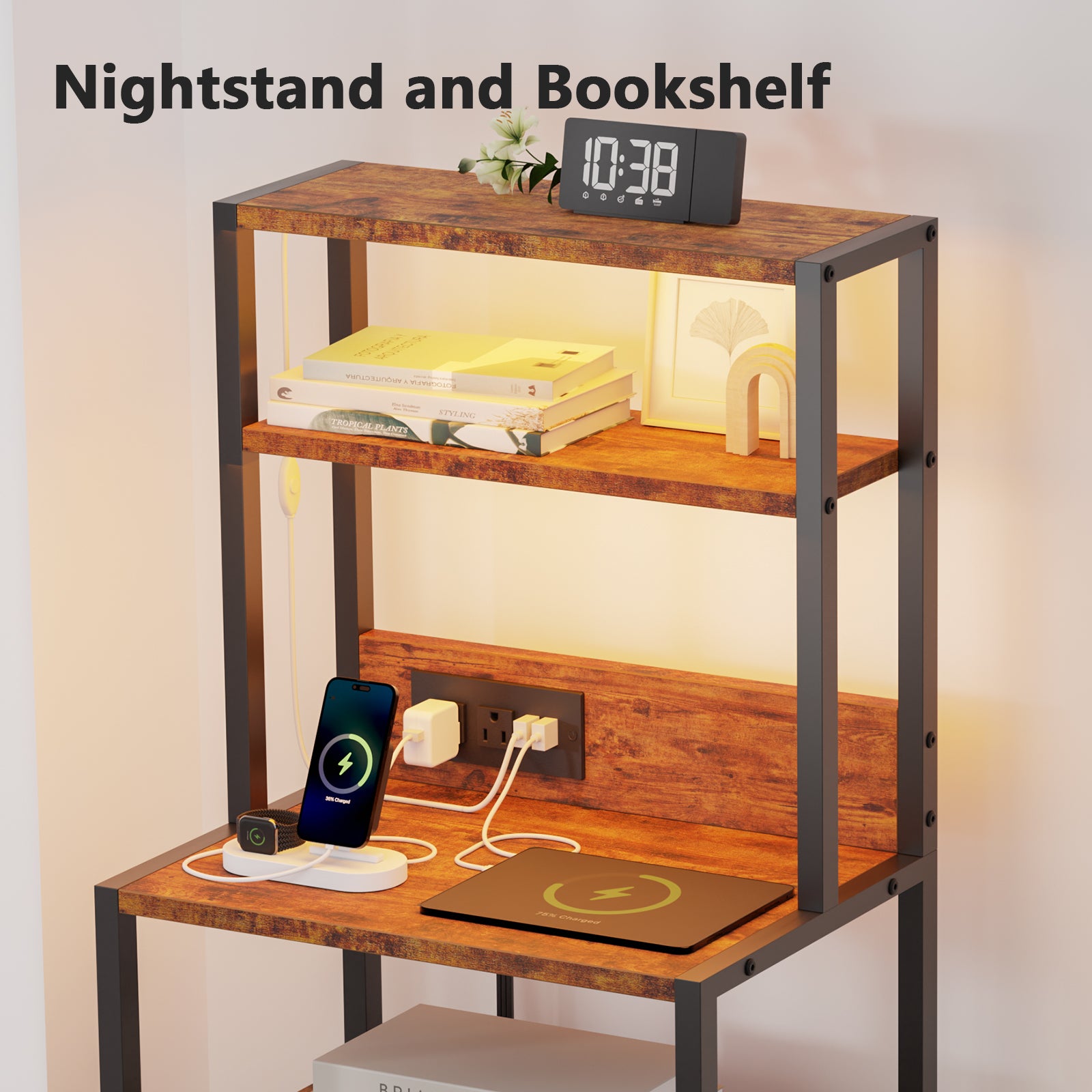 Furnulem Tall Nightstand with Light Tube and Charging Station