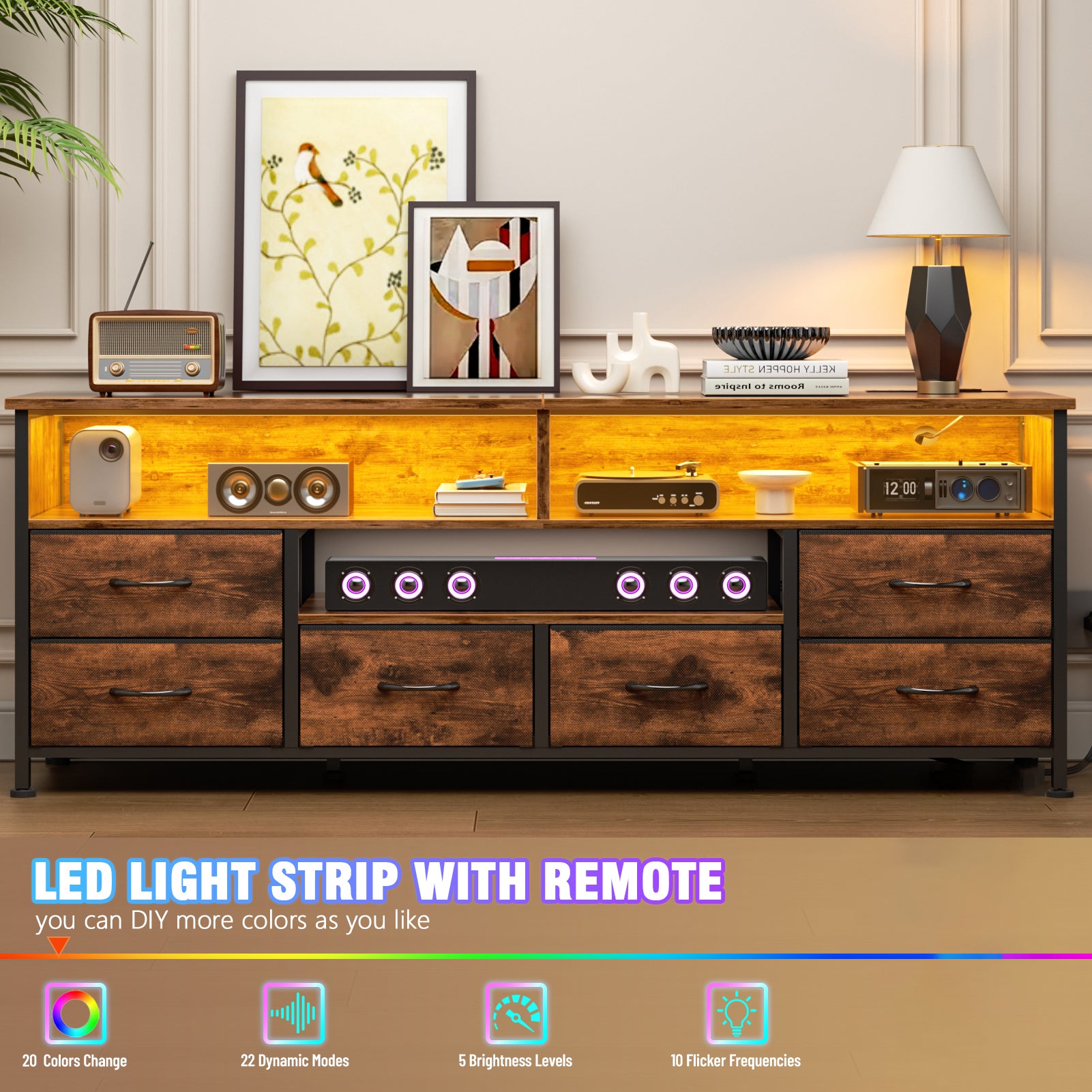 Qwatto 63 Inch Brown TV Stand Dresser with Charging Station LED Lights 6 Drawers Entertainment Center for TVs up to 70 Inch Media Console Living Room