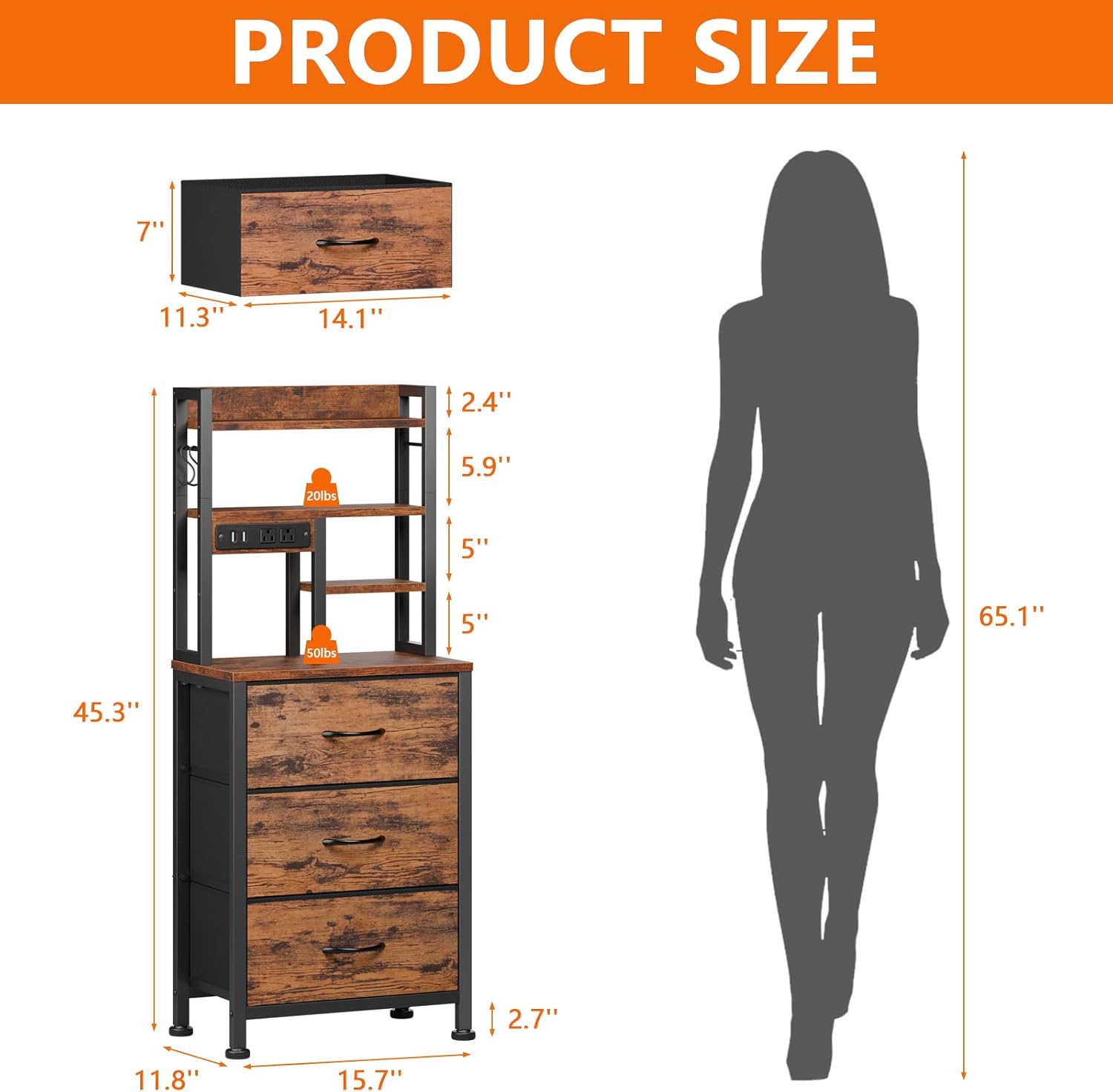 Qwatto 45.3in Tall Bedside Table with USB Charging Station and Light 3 Fabric Drawer Nightstand Bookshelf for Small Space Bedroom Dorm Brown Finish