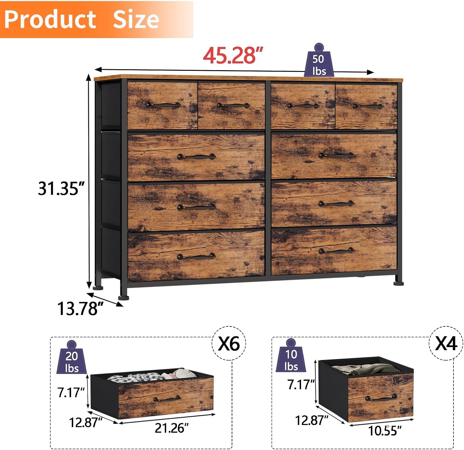 Furnulem 10-Drawer Dresser TV Stand – 55” Storage Cabinet for Bedroom or Living Room