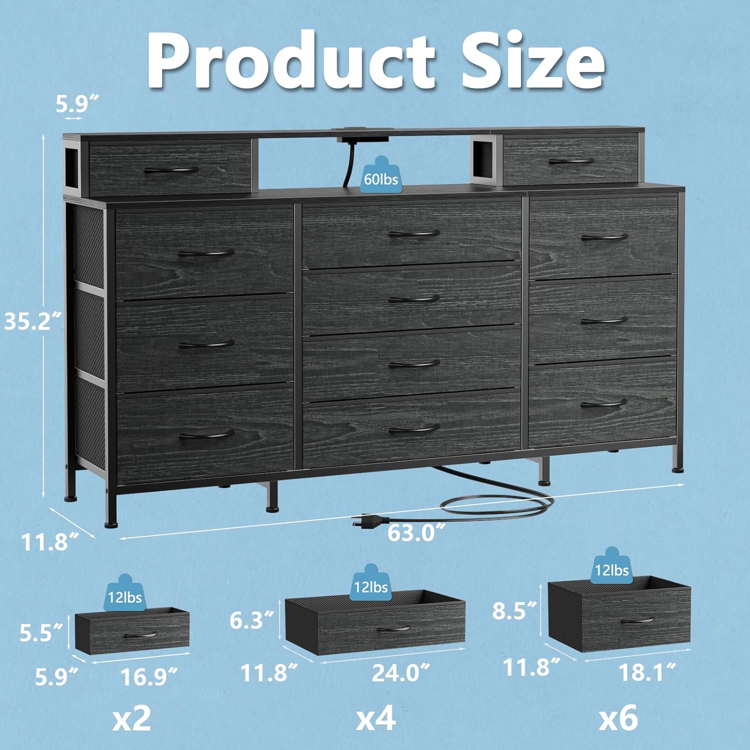 Furnulem 63" Dresser with LED, Outlets & 12 Drawers – Fabric Chest for Bedroom & Closet