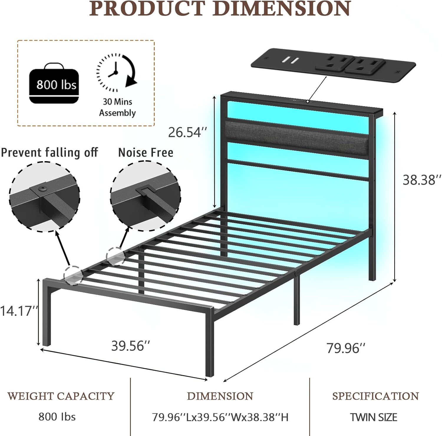 Queen&Full&Twin Bed Frames for Kids, Metal Platform Bed Frame Twin Size with Upholstered Headboard, Wood Storage Shelf, Charging Station and LED Lights, No Box Spring Needed, Black
