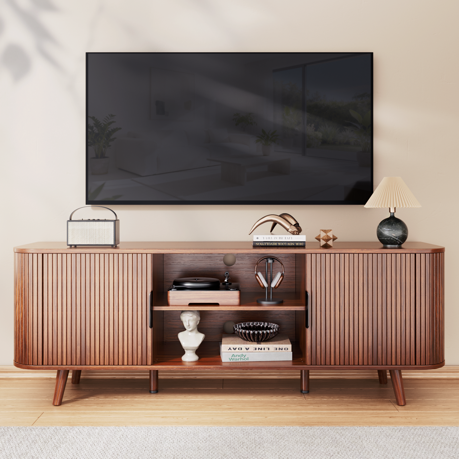 Curved Edge TV Stand Walnut Finish Media Console for 65 Inch TV Modern Fluted Door Credenza with Storage Mid Century Living Room Furniture