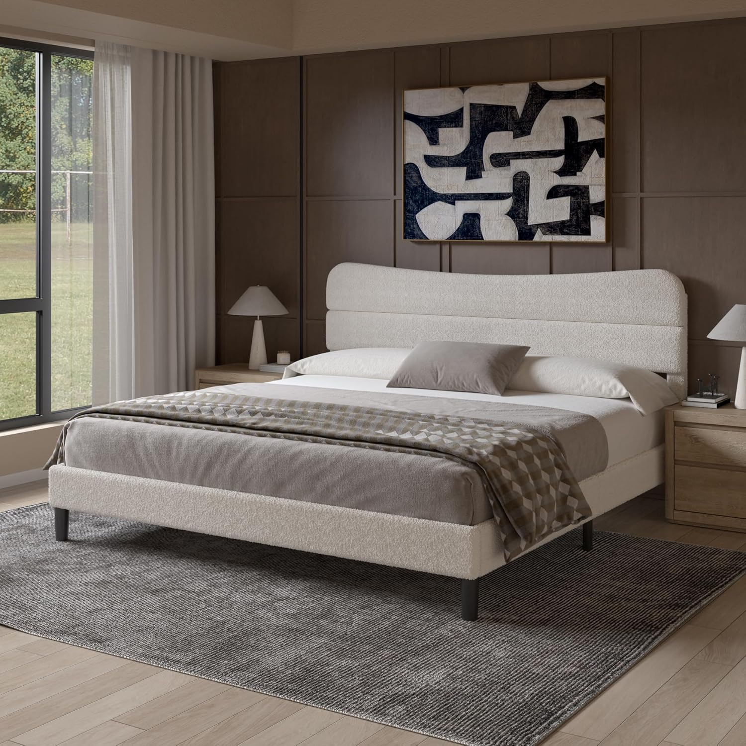 King Size Bed Frame Upholstered King Bed Frame and Headboard, Teddy Soft Boucle Fabric bedframe Soft Cloud Marshmallow Shape Upholstered Headboard