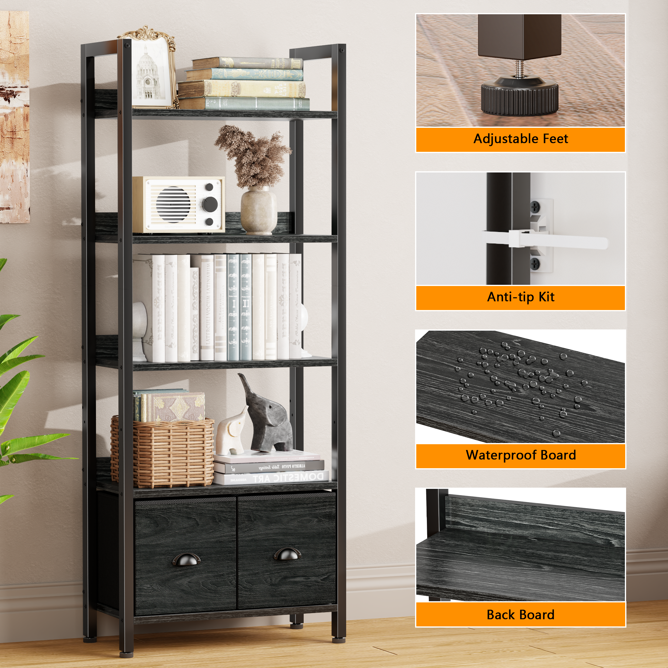 5 Tier Industrial Tall Bookcase with Two Storage Drawers Wood Metal Display Bookshelf Standing Organizer Shelf for Home Office Living Room Black Oak