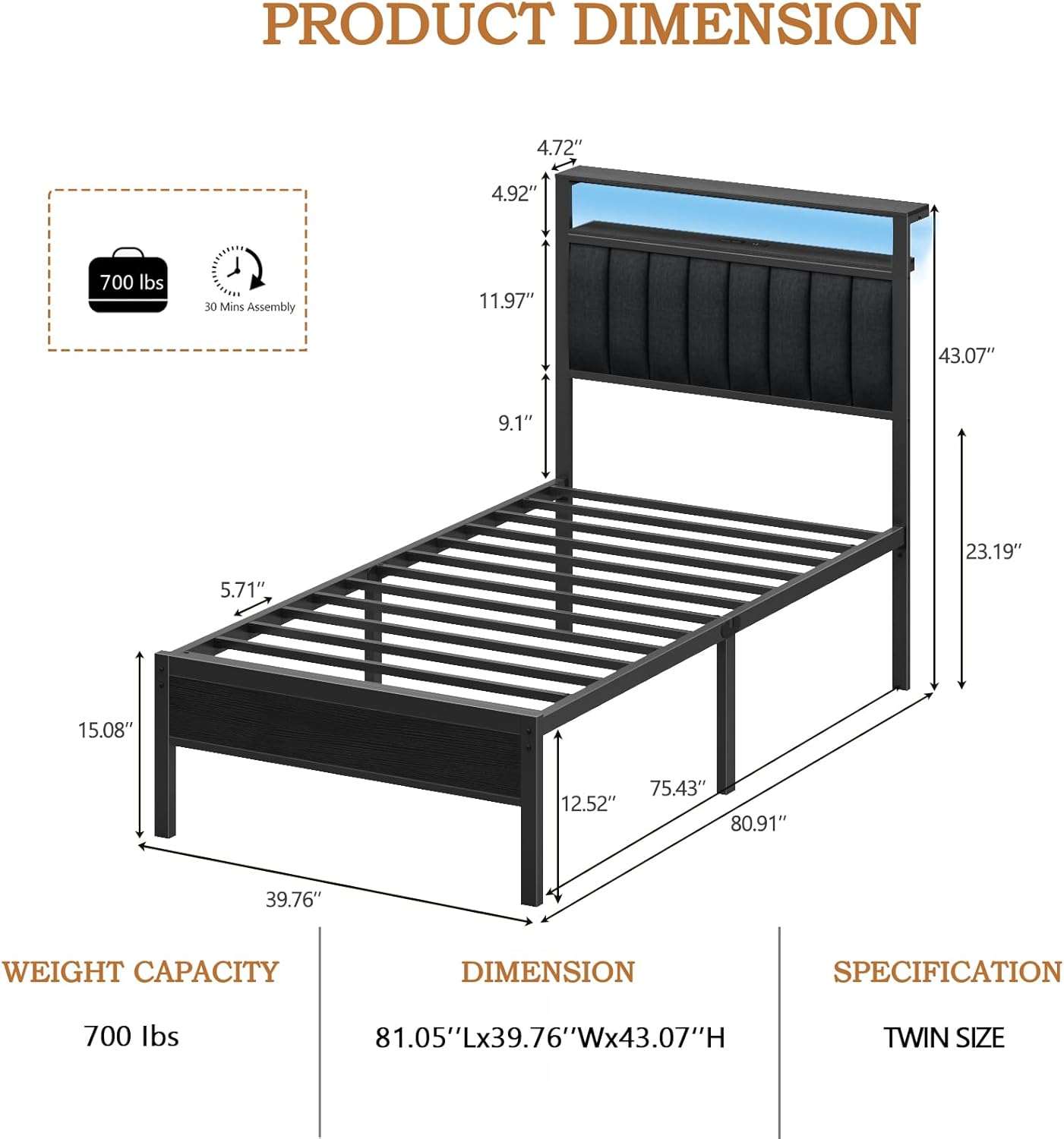 Furnulem Twin size bed frame with charging station and LED light gray upholstered headboard two-tier storage shelves no spring mattress required