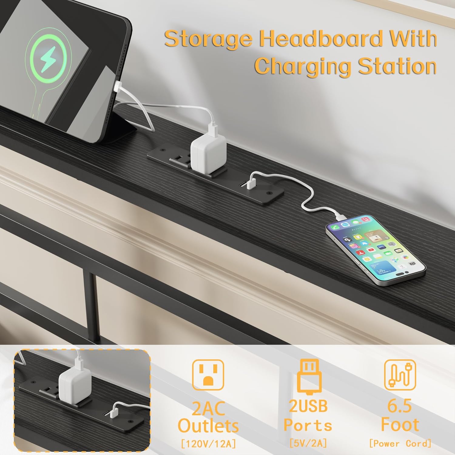 Furnulem Twin Bed Frames with Built-in Charging Station and LED Light, Metal Platform Bed with Headboard and Storage Shelf