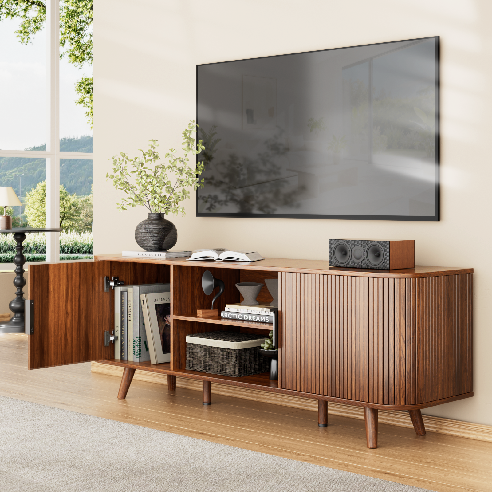 Mid Century Modern TV Stand Walnut Media Console for TVs up to 65 Inch Fluted Sliding Doors Entertainment Center Living Room Furniture Storage