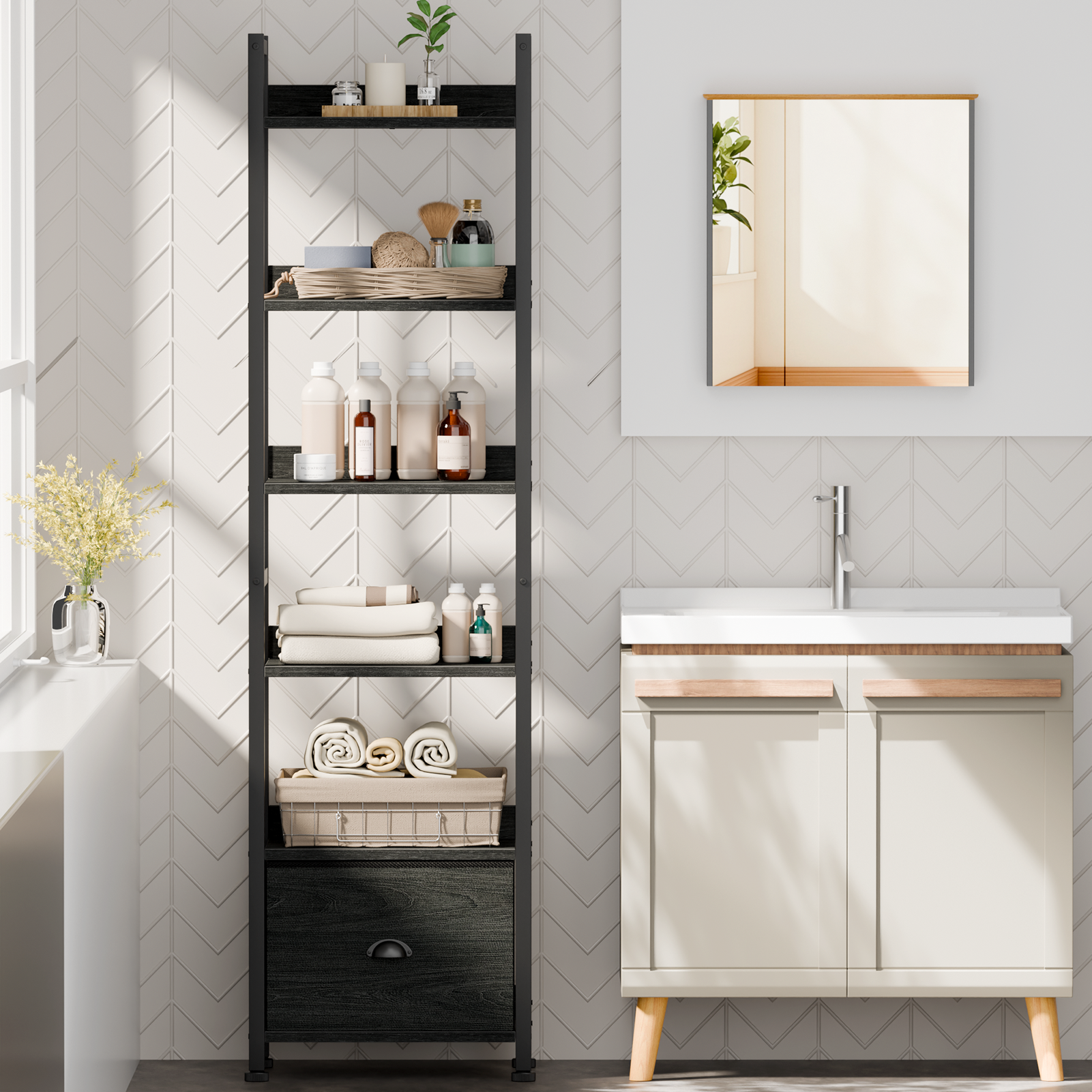 Qwatto Black 6 Tier Bookshelf with Drawer Tall Industrial Wood Metal Freestanding Storage Display Shelves Etagere Bookcase Organizer for Home Office