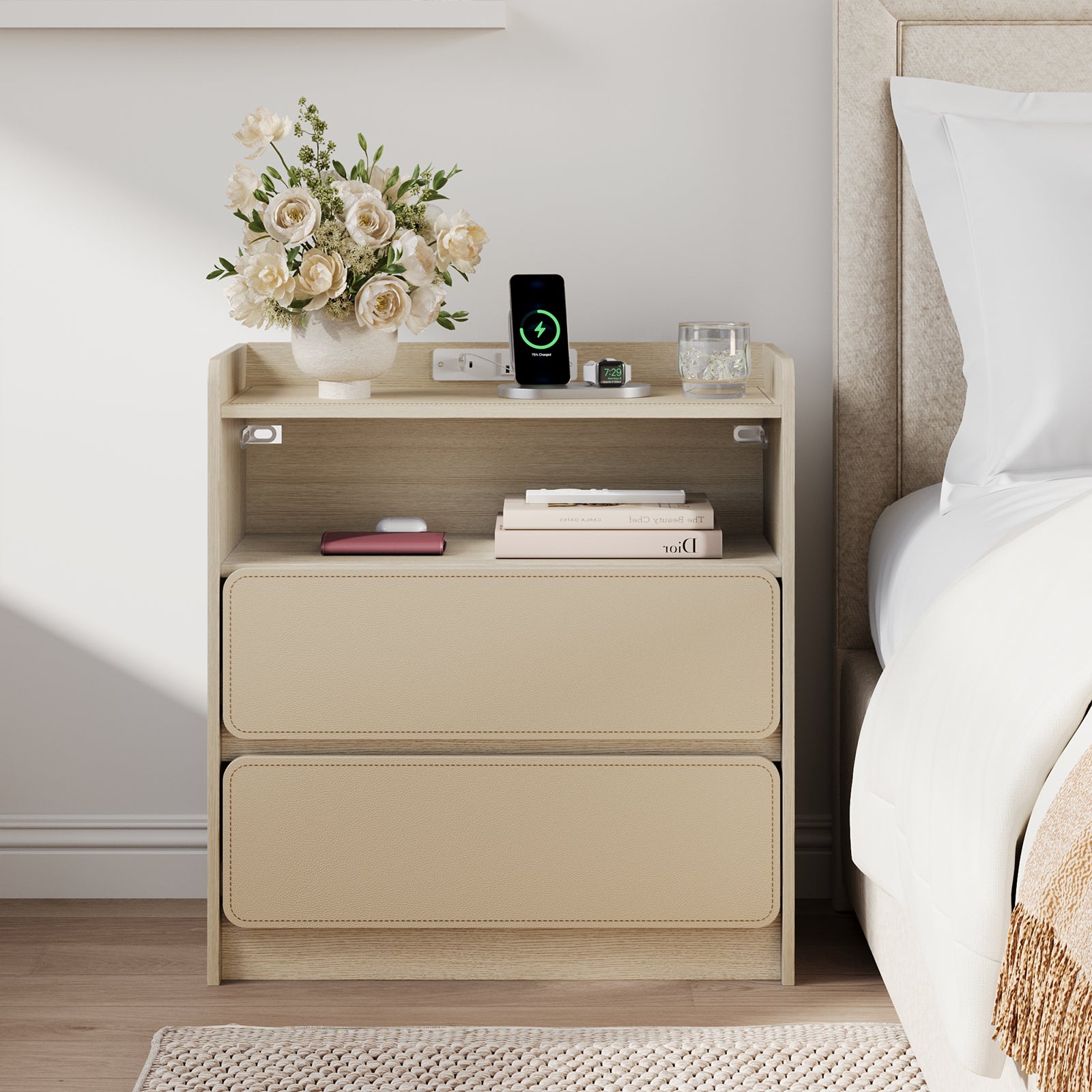Qwatto Nightstand with Charging Station 2 Drawer Saddle Leather Bedside Table Modern Wood Side End Table Storage Cabinet Bedroom Furniture Beechwood