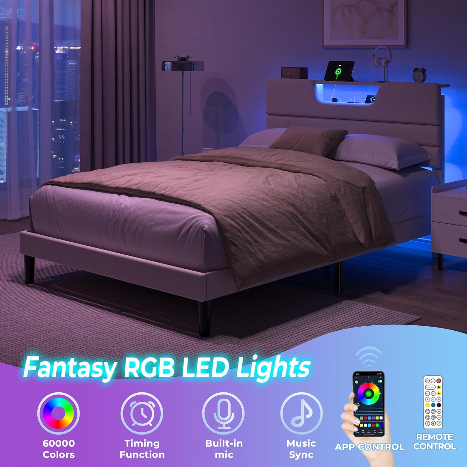 Full Bed Frame with LED Lights, Headboard with Charging Station  Upholstered Platform Bedframe Metal Support No Box Spring Needed 2-Tier Storage