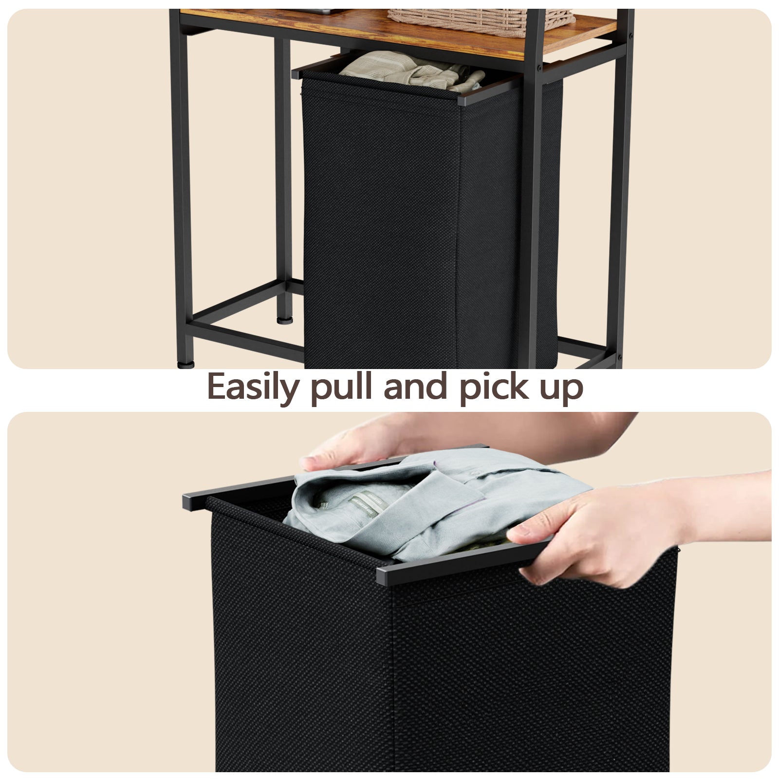 Double Laundry Hamper with Shelf 4 Tier Tall Laundry Basket Sorter with Two Removable Bags Clothing Storage Organizer and Hooks for Bathroom Bedroom