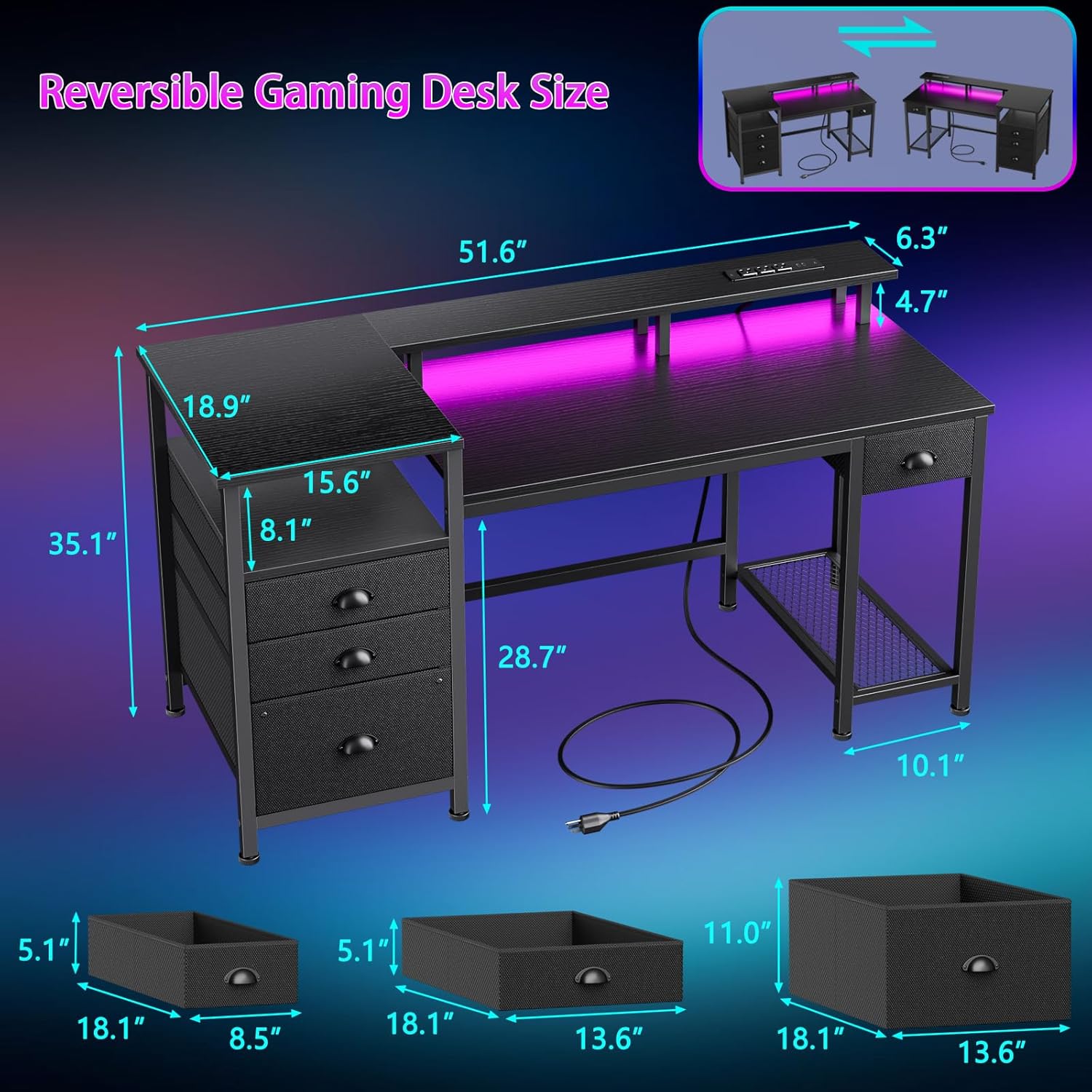 Qwatto 52in Gaming Desk Charging Station and Light Reversible Computer Desk 4 Drawers File Cabinet Printer Storage Shelves Monitor Stand Black Finish