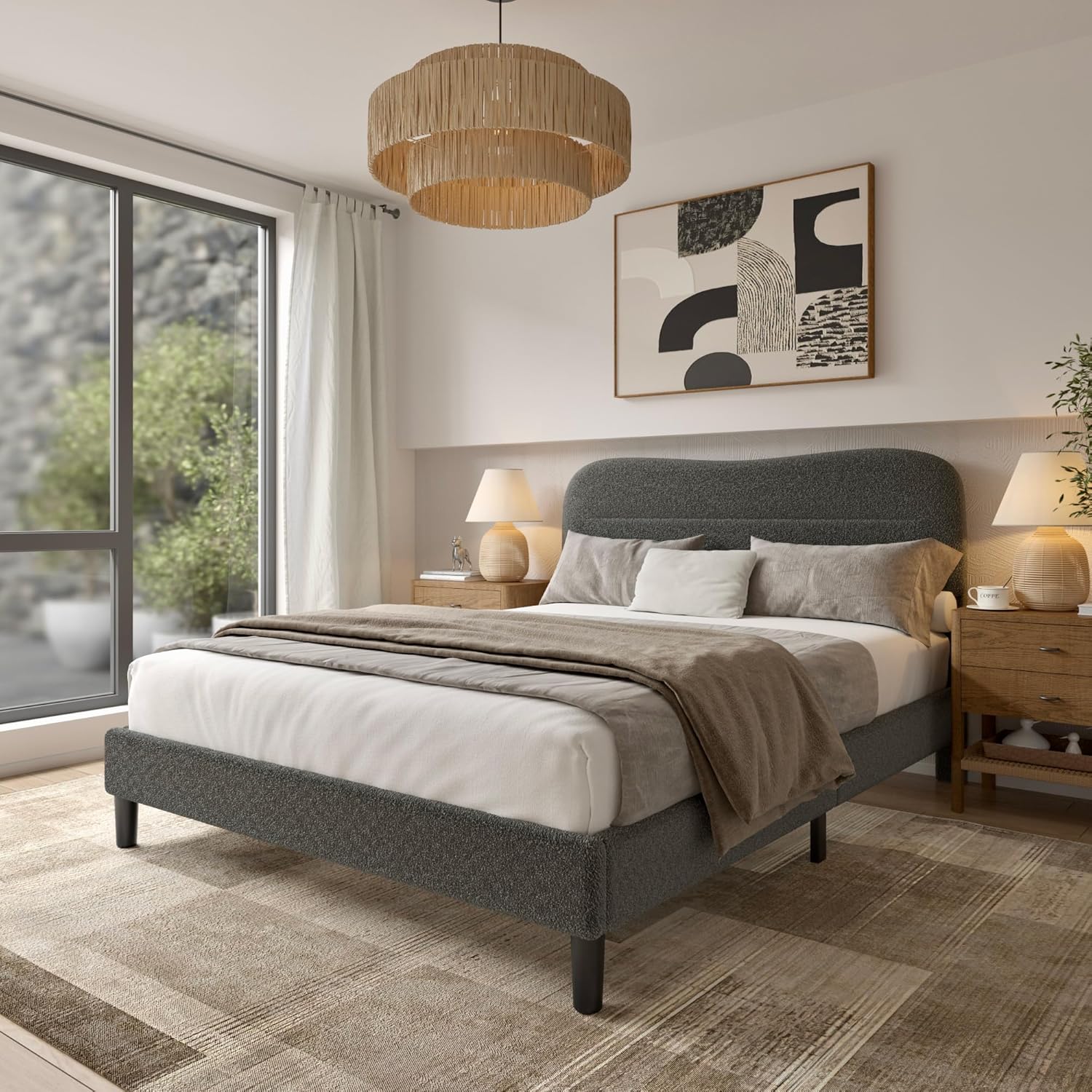 Queen Size Bed Frame with Headboard upholstered Bed Frame Soft Boucle Fabric Soft Cloud Marshmallow Shape Upholstered Headboard No Box Spring Needed