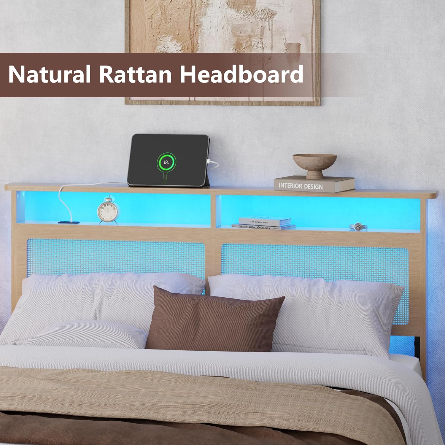 Queen Size Bed Frame Rattan Headboard with LED Lights and Charging Station Boho Bedframe with Storage Shelf and Under Bed Storage Solid Wood Support