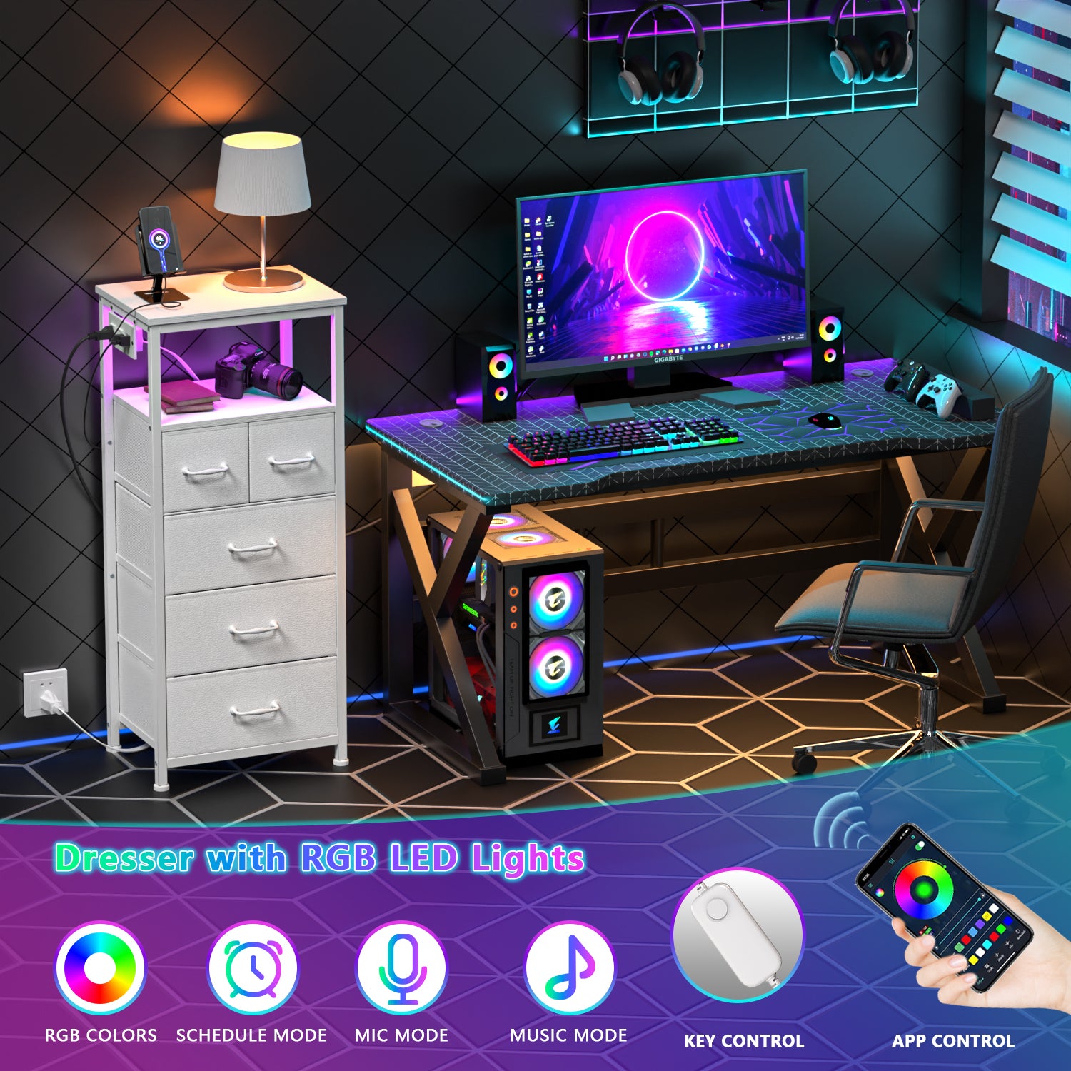 Furnulem Tall LED Dresser with Charging Station and 5 Drawers