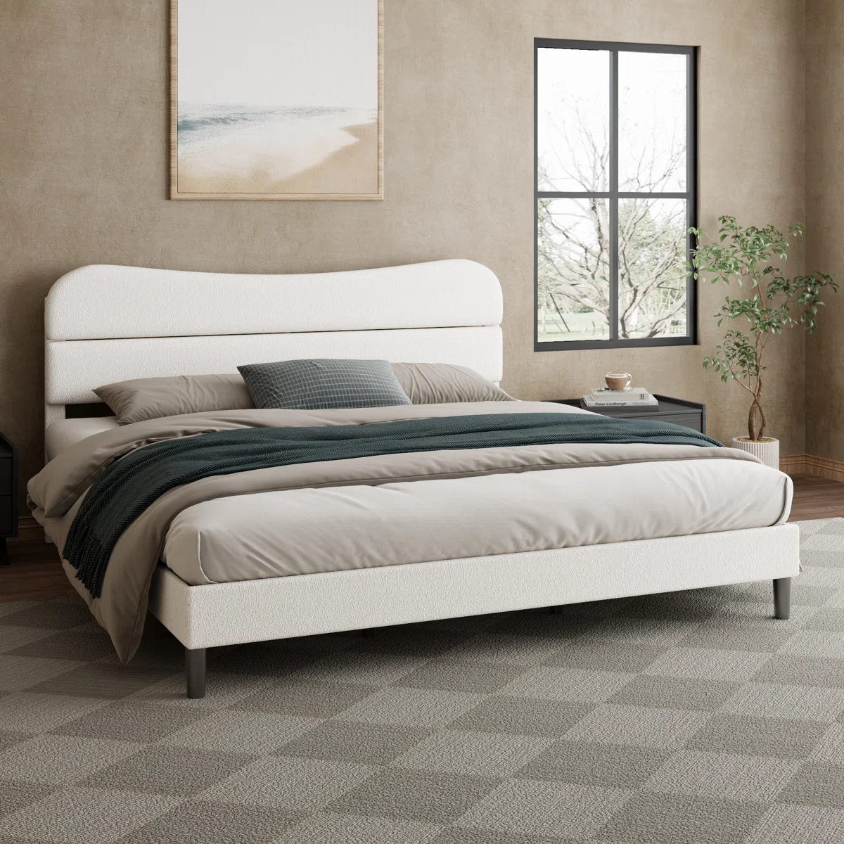 King Size Bed Frame With Teddy Velvet Soft Curved Headboard Platform Bed With Wooden Slats Support Easy Assembly Noise-free