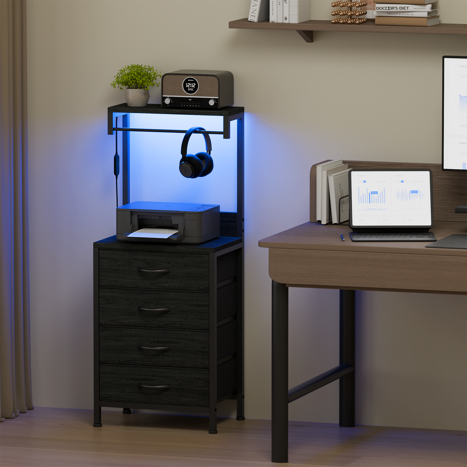 Tall Black Oak Nightstand 4 Fabric Drawers Storage Shelves Modern Bedside Side End Table Narrow Accent Organizer for Small Space Bedroom Living Room