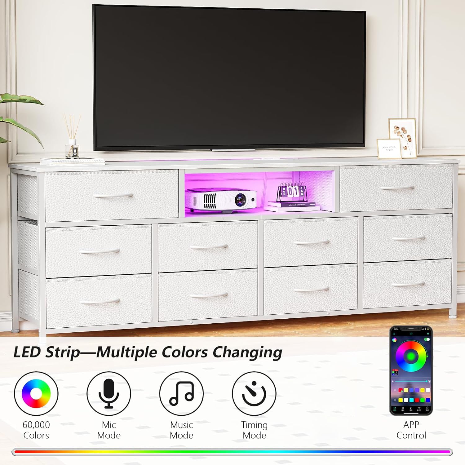 Furnulem 63” long bedroom dressing table suitable for 65 to 75 inch TV dressing table with 10 fabric drawers includes power outlet and LED lighting