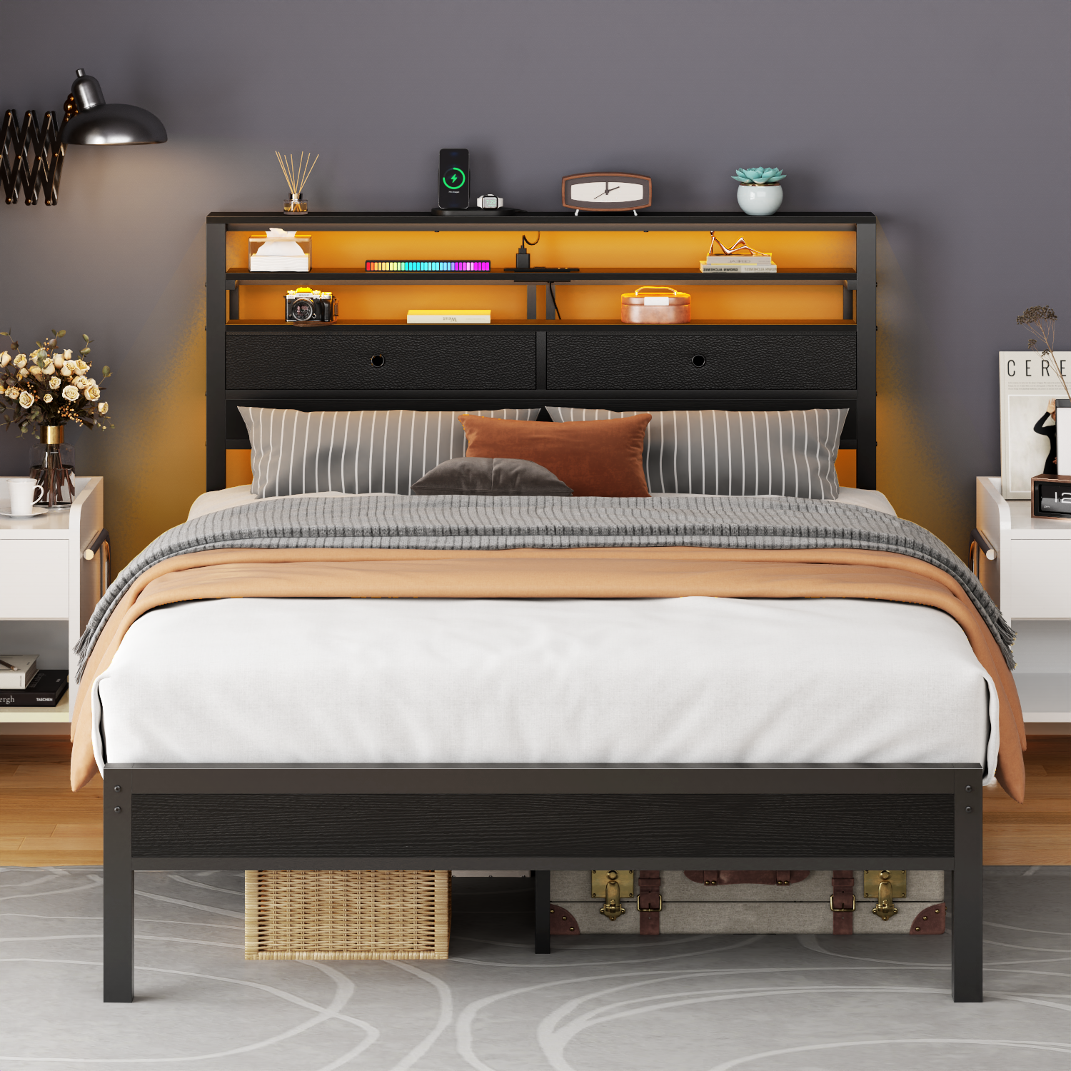 Furnulem Full Size Bed Frame with Headboard  2 Fabric Drawers  Bed Featuring LED Lights Built-in Charging Station  Storage Shelves No Box Spring Needed