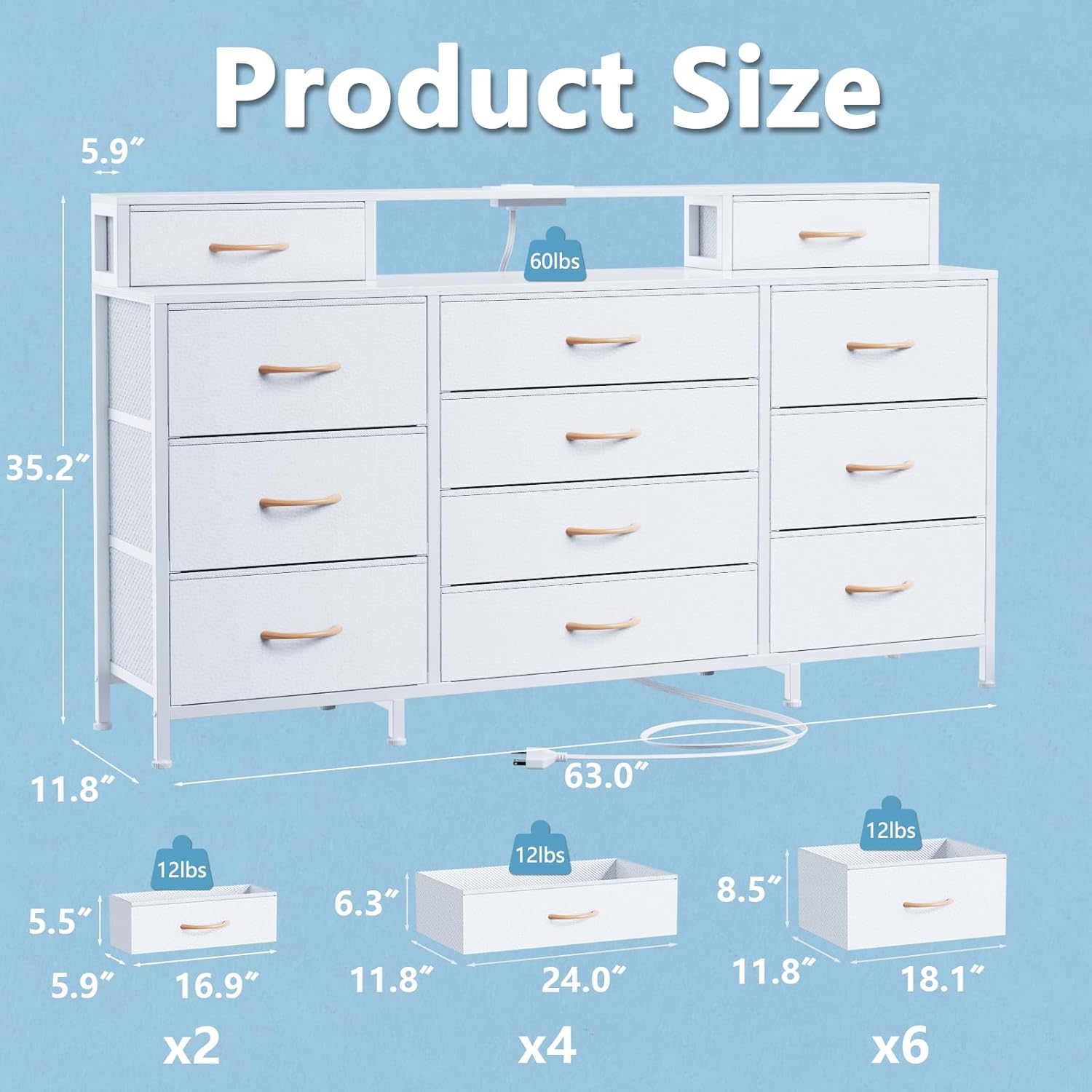 Furnulem 63" Dresser with LED & Outlets – 12 Drawers & 2 Shelves