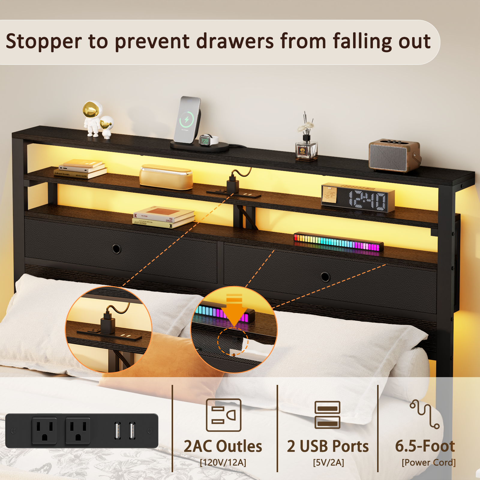 Furnulem Full Size Bed Frame with Headboard  2 Fabric Drawers  Bed Featuring LED Lights Built-in Charging Station  Storage Shelves No Box Spring Needed