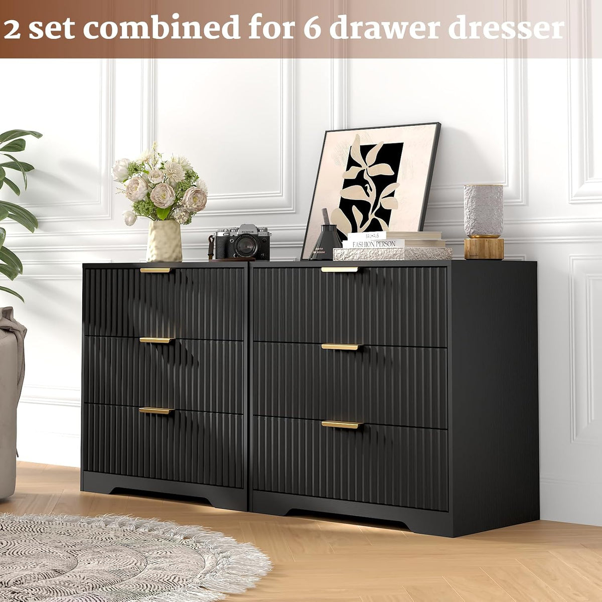 Black 3 Drawer Nightstand Fluted Wood Bedside Table Modern Storage Cabinet Wide Bedroom Dresser Accent Furniture Large 27 Inch Chest Organizer