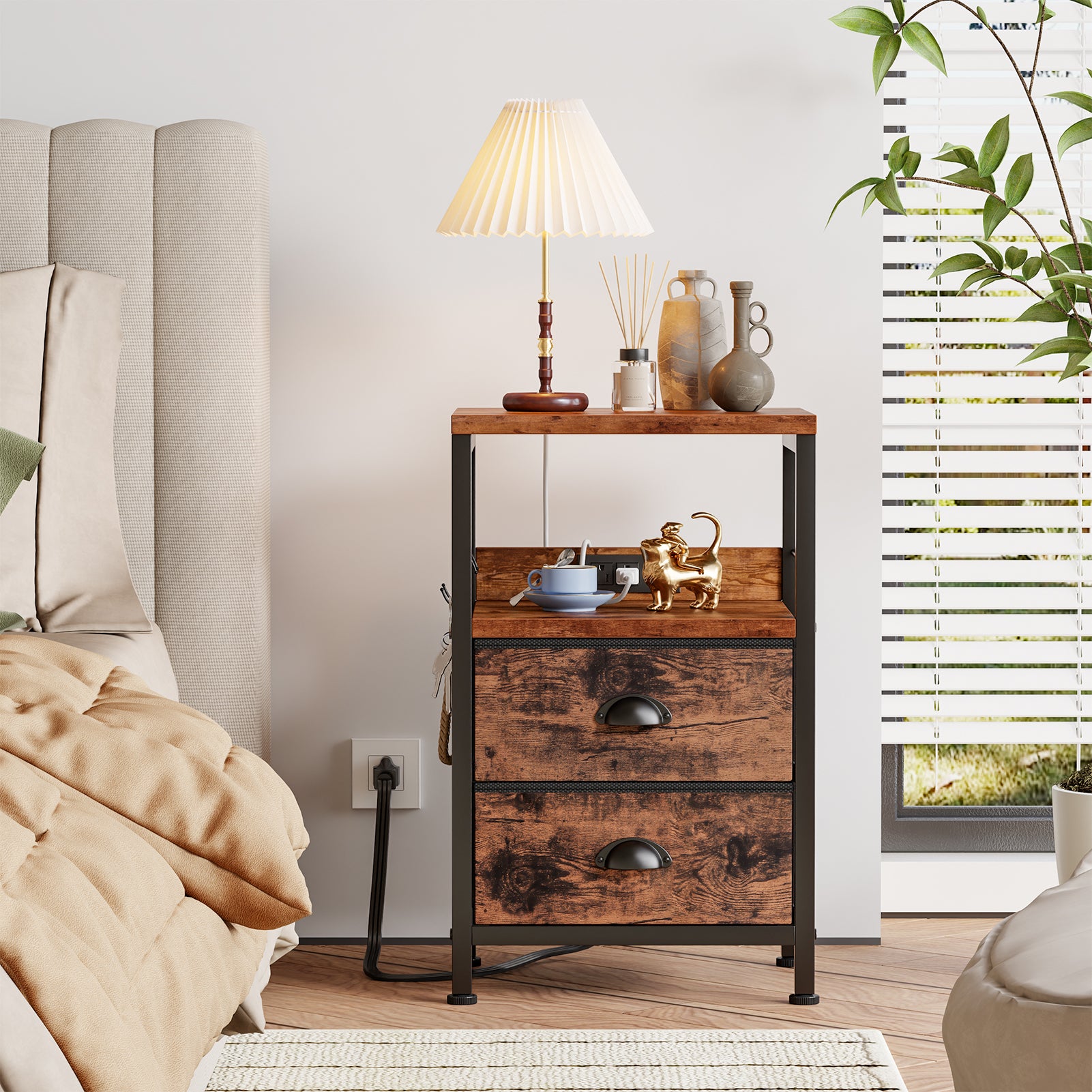 Qwatto Set of 2 Nightstands with Charging Station USB Ports Brown Bedside Side Tables with 2 Fabric Drawers Storage Shelf Hooks for Bedroom End Table