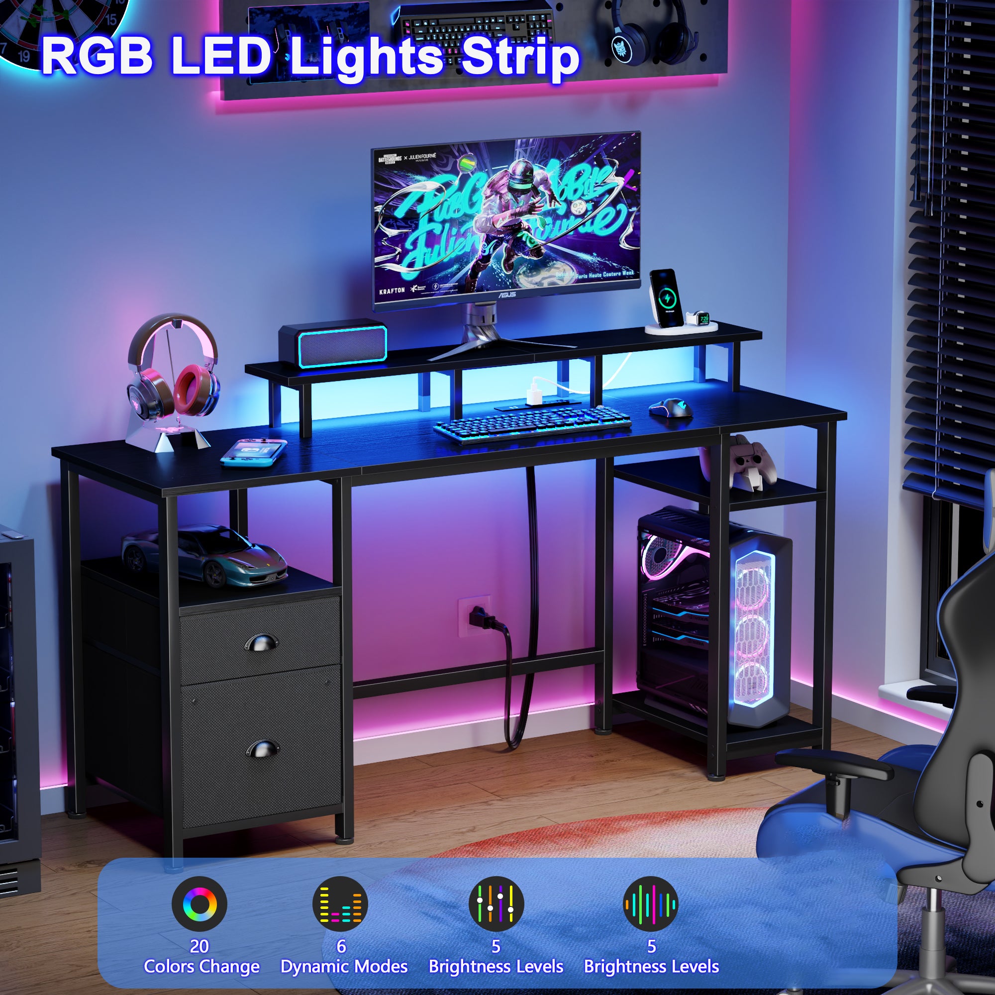 61 Inch Black Computer Desk with Charging Station Reversible Gaming Desk LED Lights File Cabinet Monitor Stand Storage Shelves Home Office