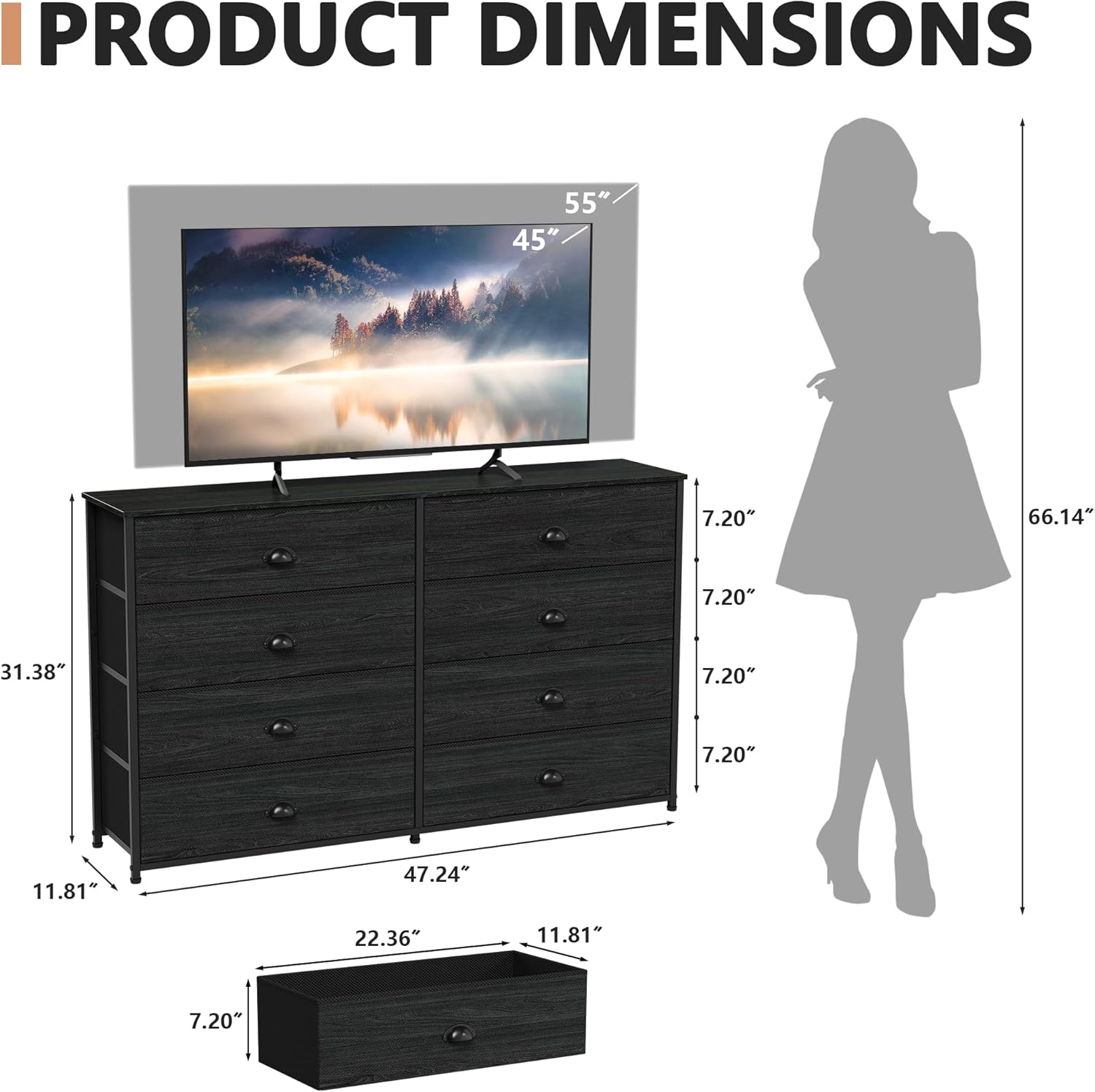 Furnulem Wide Dresser with 8 Fabric Drawers TV Entertainment Center with Storage for 55'' TV Large Chest of Drawers for Bedroom  Living Room Entryway
