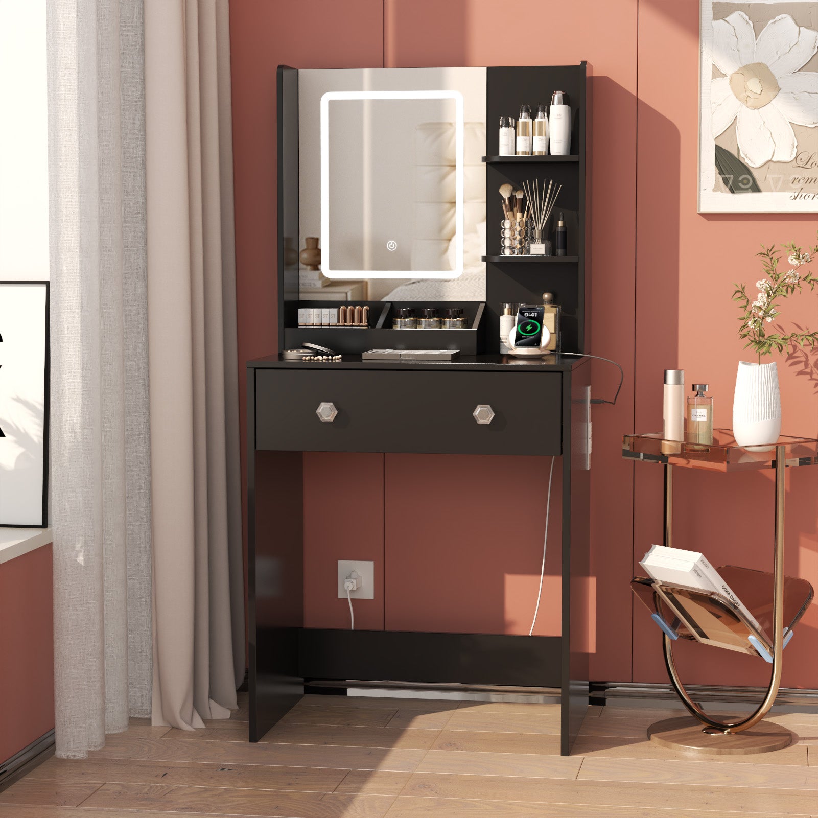 Small Makeup Vanity Desk with LED Mirror and Power Outlet 24" Black Dressing Table with 2 Drawers 3 Storage Shelves Modern Bedroom Vanity for Girls