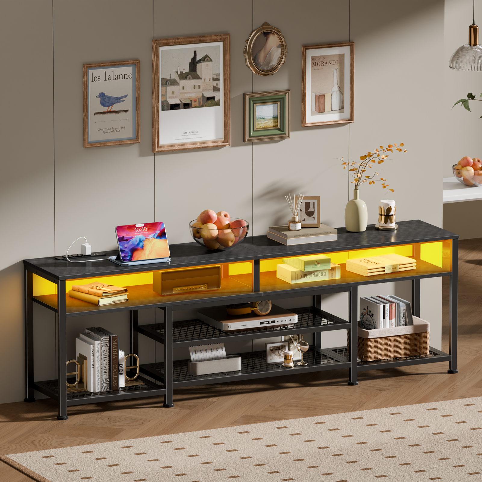 71 Inch Black TV Stand with Charging Station LED Lights Entertainment Center for TVs up to 80 Inch Media Console Storage Modern Living Room Bedroom